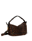 The Pepito Small Bag by Jerome Dreyfuss is a quilted leather shoulder bag with a leopard print and brown finish. It features a black handle, adjustable strap, gold-tone studs, and is crafted in Italy with a soft structured shape on a plain white background.