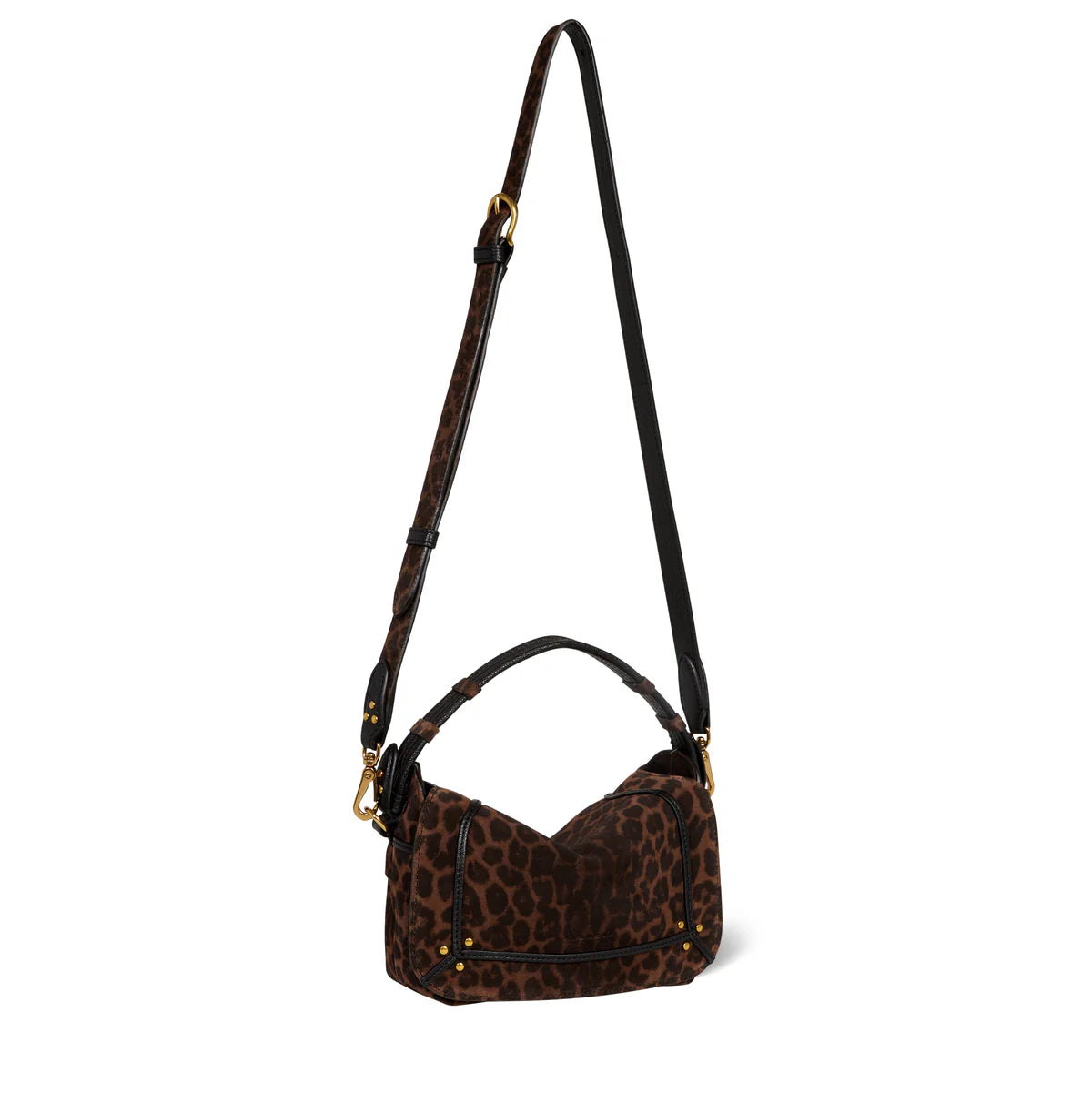 The Pepito Small Bag by Jerome Dreyfuss is a brown leopard print shoulder bag with a chic curved shape, gold hardware, and quilted leather. Made in Italy, it features a detachable strap and short handle for a casual yet stylish look.