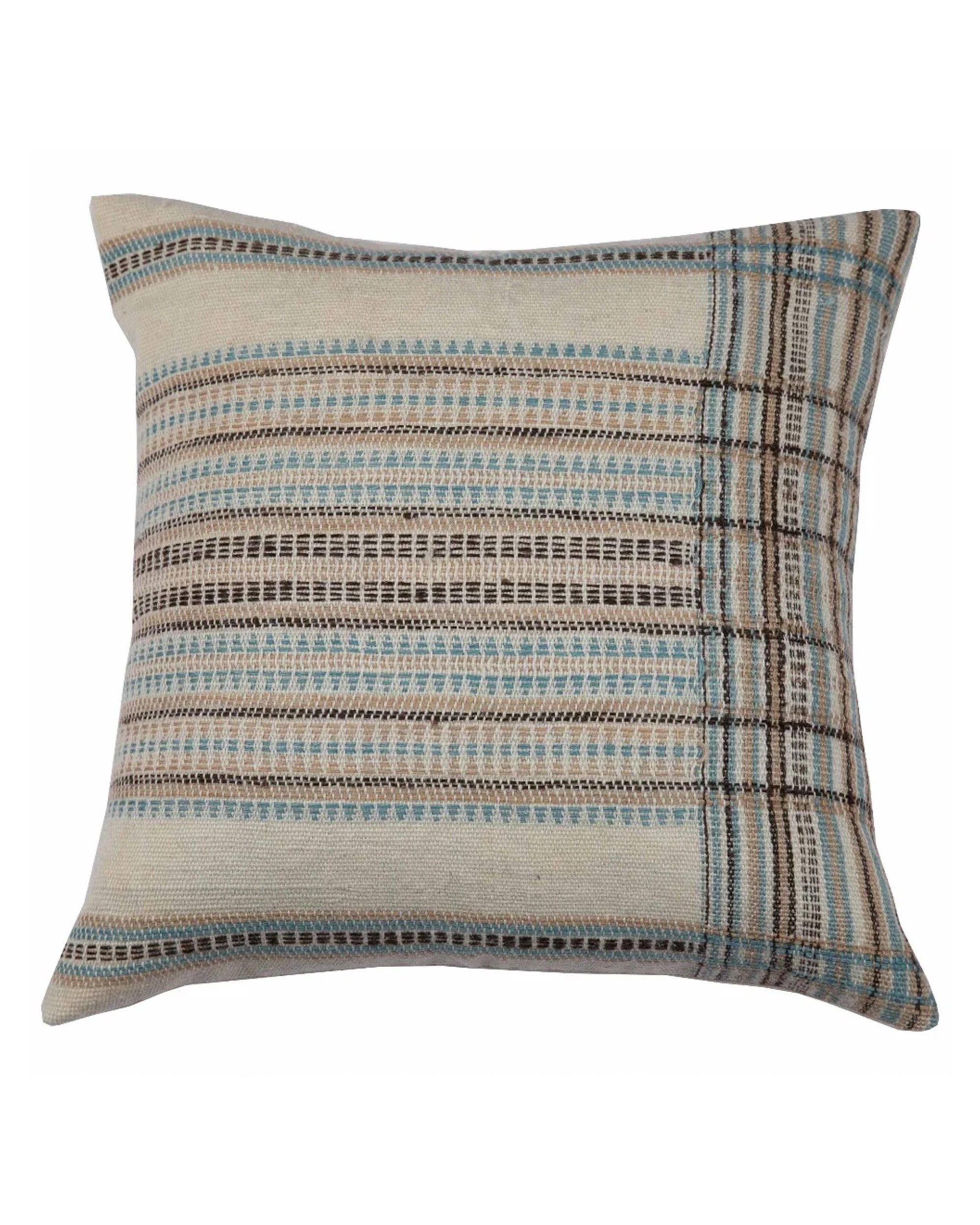 The Akriti River 22x22 throw pillow by Filling Spaces LLC features hand-loomed beige, brown, and light blue stripes on the left and a plaid-like pattern on the right, all set against a neutral background.