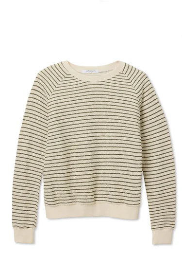 The French Terry Sweatshirt by Perfectwhitetee is a cream, long-sleeve crewneck with thin black stripes and a relaxed fit. Made from vintage French terry, it has ribbed cuffs, collar, and hem for a classic look.