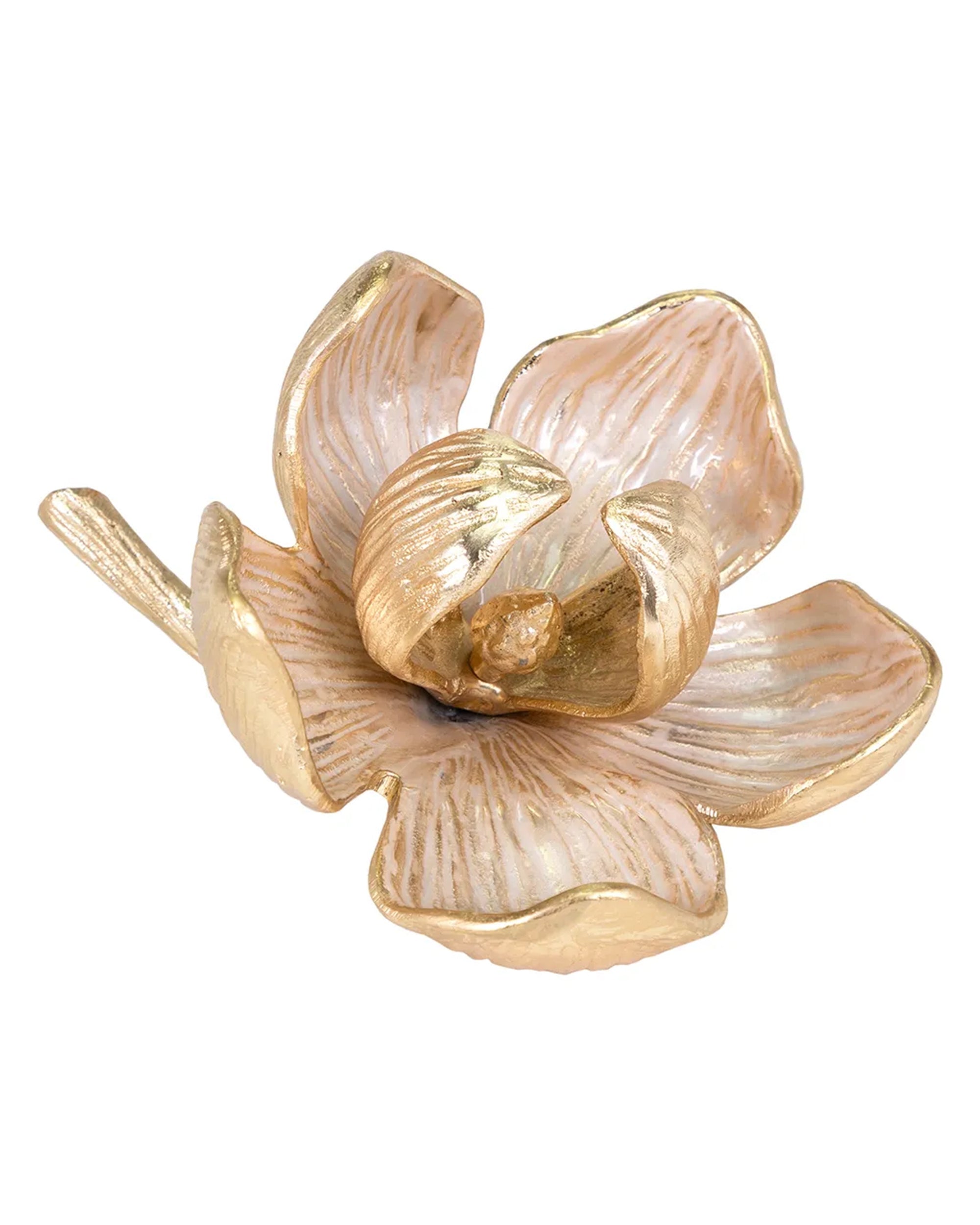A decorative accent, the Alki Flower Small Sculpture by The Import Collection showcases gold and light pink tones with detailed petals and a lifelike orchid-inspired design.
