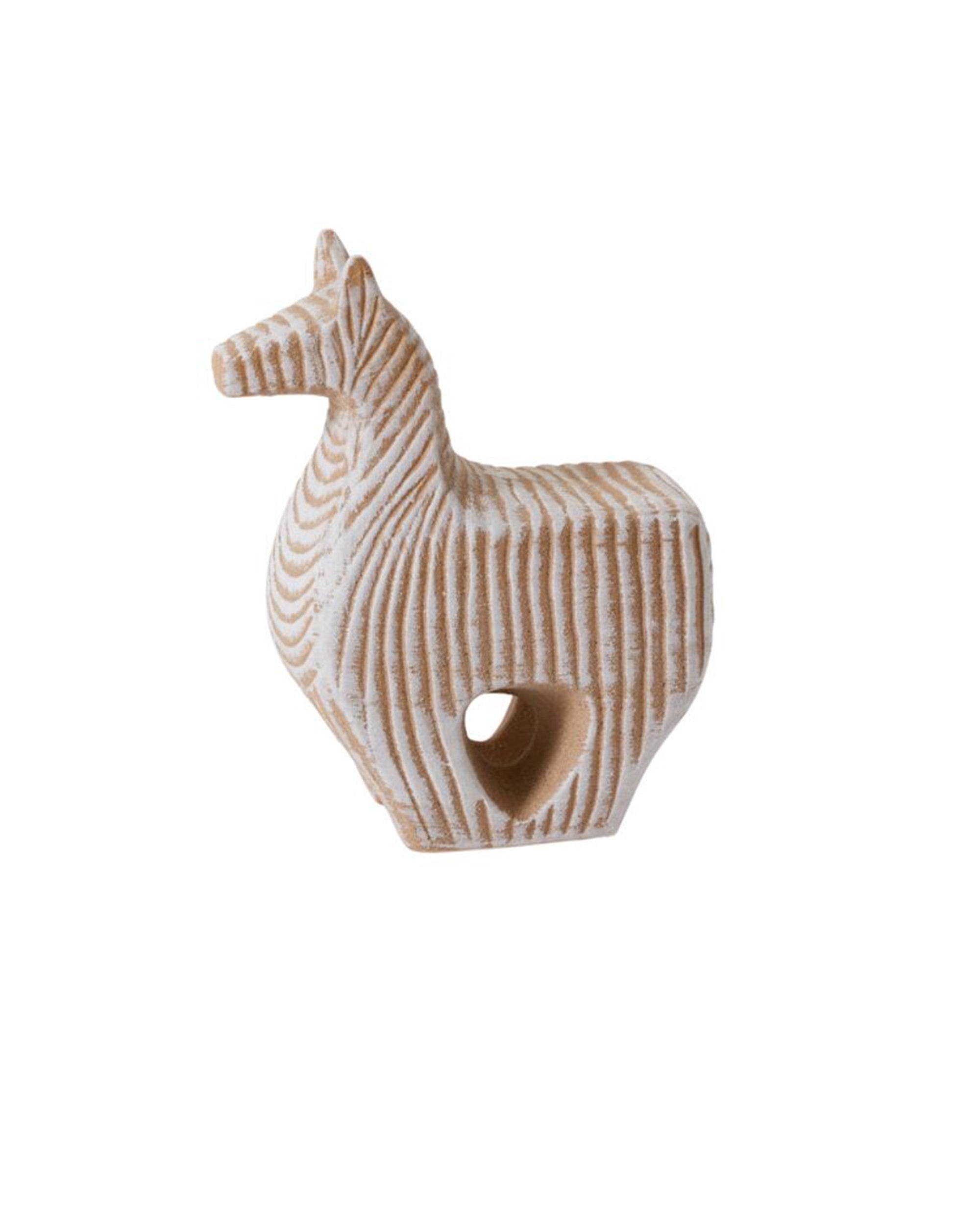 The Accent Decor 51517 Allegory Sculpture is a small abstract ceramic horse with tan and white stripes and a hole through the center, ideal as a unique decorative piece for your home. Displayed on a white background.