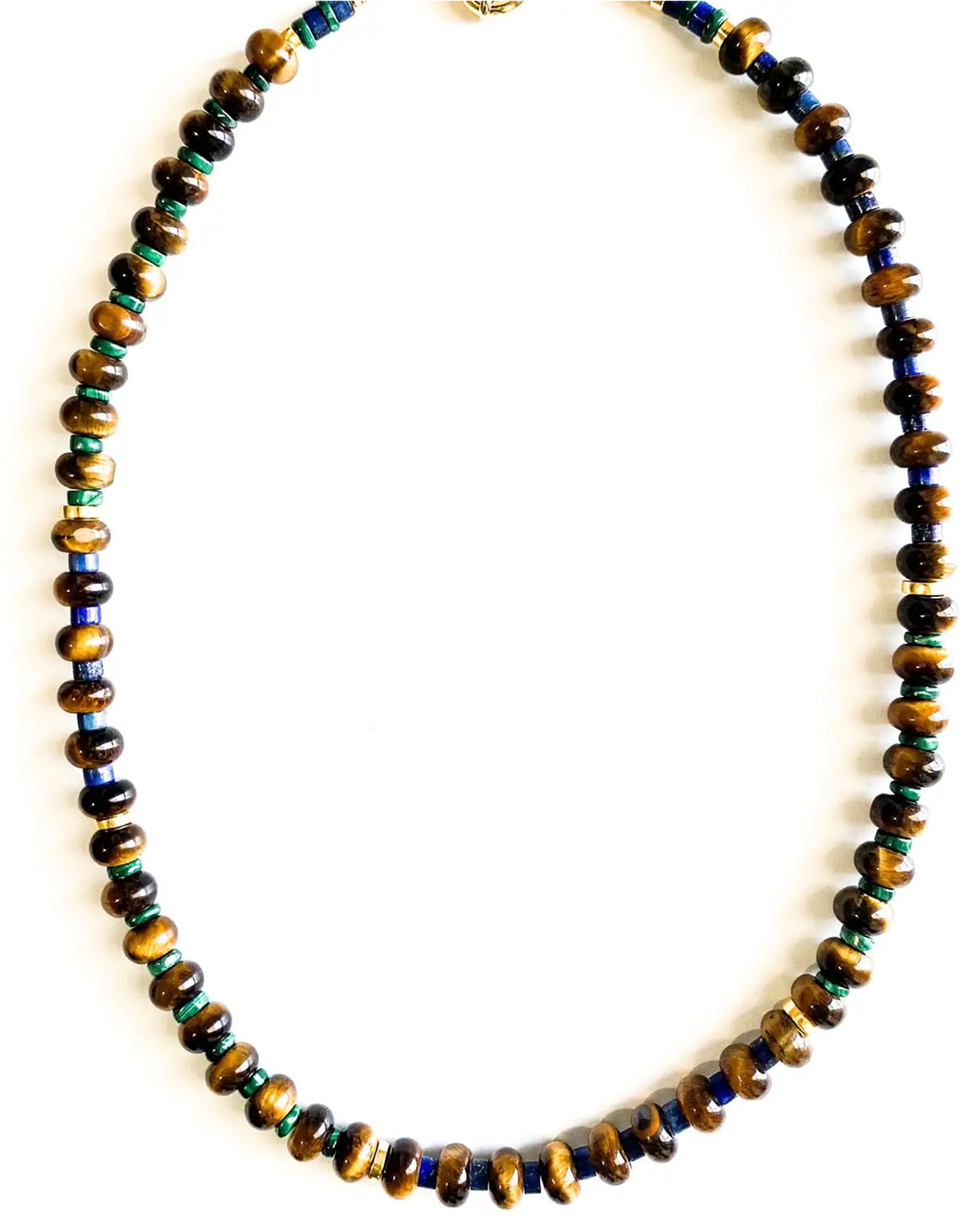 The Almea Necklace by Faire features round beads in a repeating pattern of gold, green malachite, and dark blue lapis on a white background.