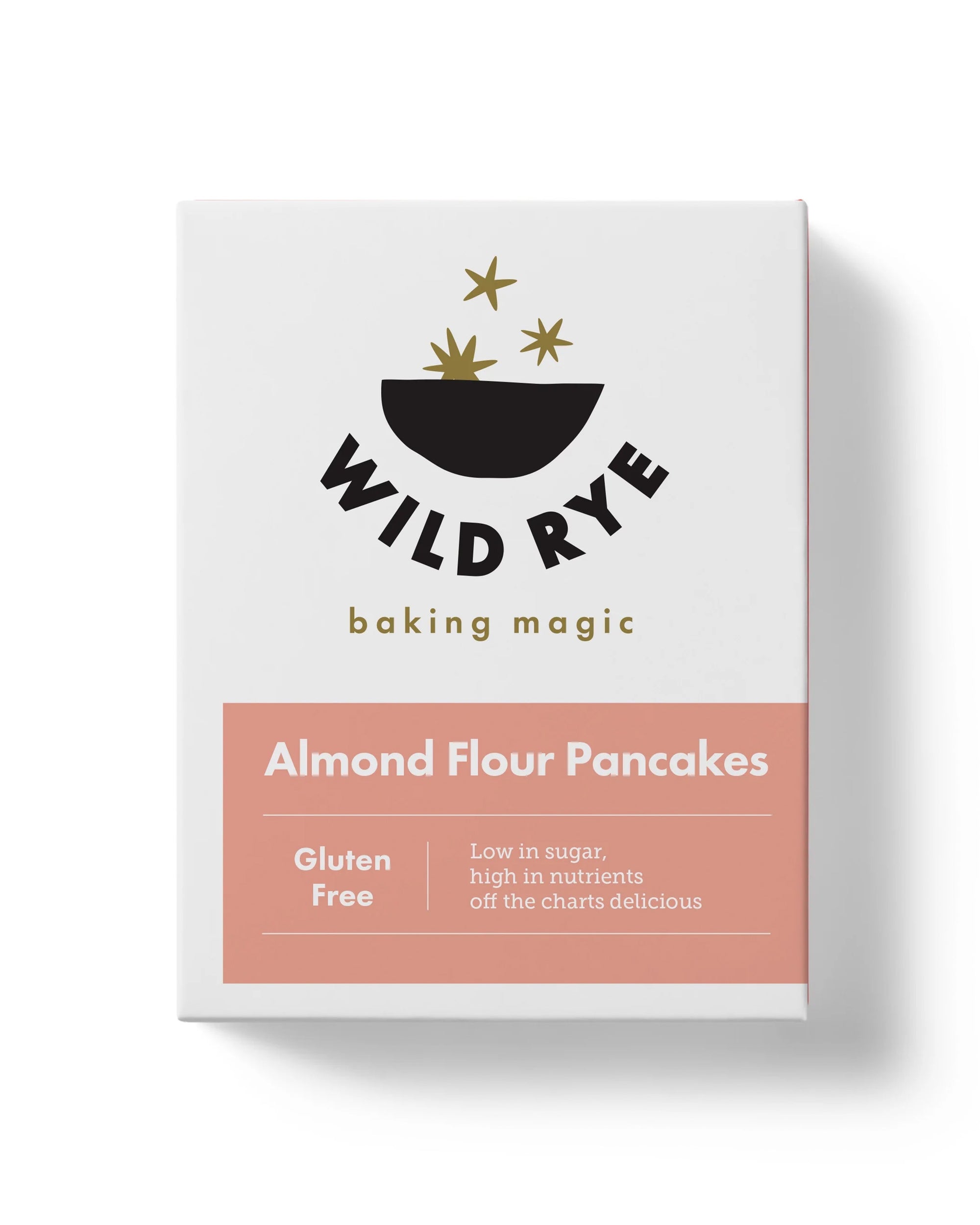 Wild Rye Almond Flour Pancake Mix, labeled “Gluten Free,” features bold modern text and a starry bowl design, highlighting nutrient-dense ingredients and offering low sugar, off-the-charts delicious pancakes.