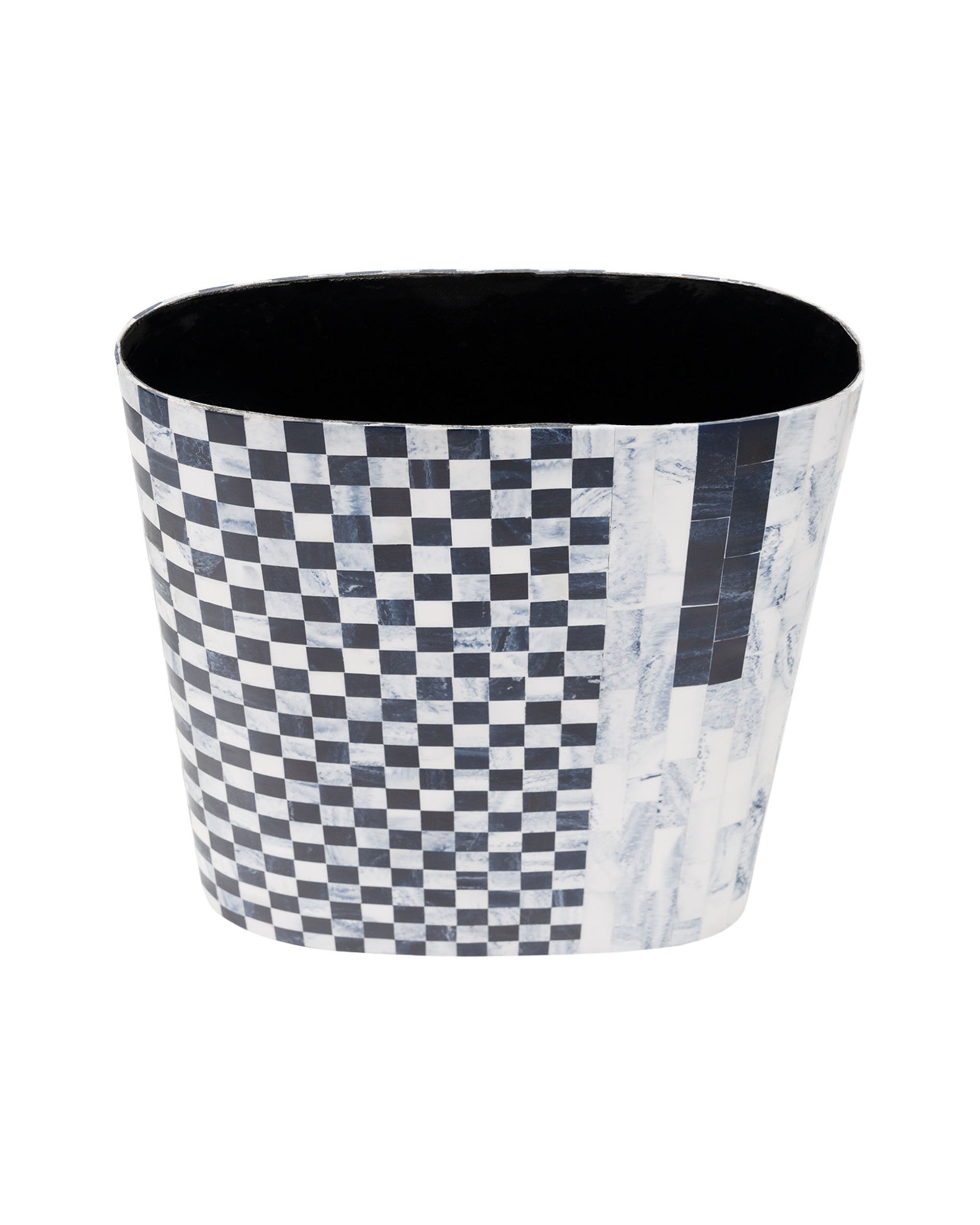 The Amador Tall Planter by The Import Collection features a black and white checkered tapered design, decorated with iron resin and a side pattern that transitions into rectangular marble-like tiles.