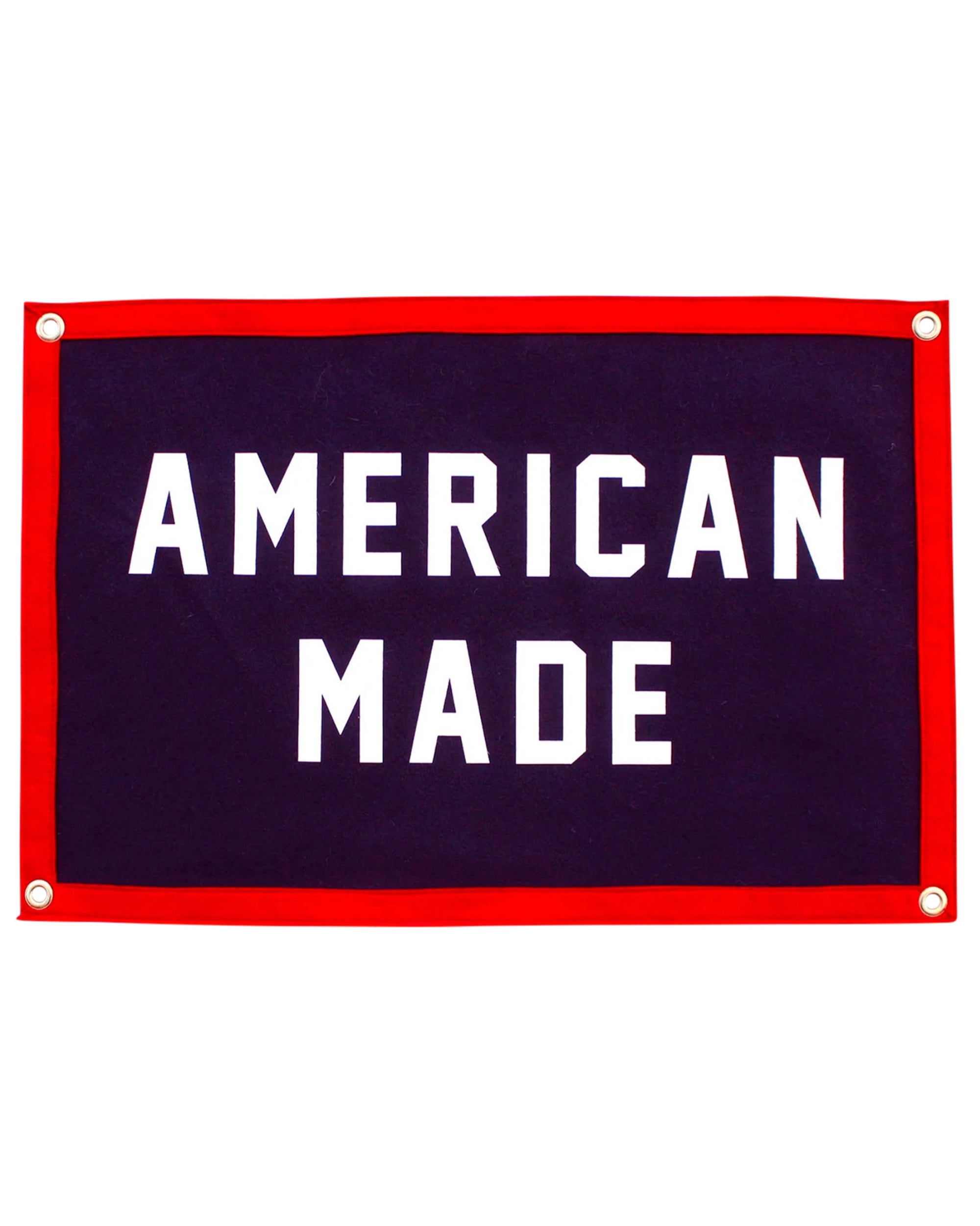 The Oxford Pennant American Made Camp Flag 16x24 features a bold red, white, and blue design with "AMERICAN MADE" in white, a red border, navy center, and durable metal grommets at each corner.