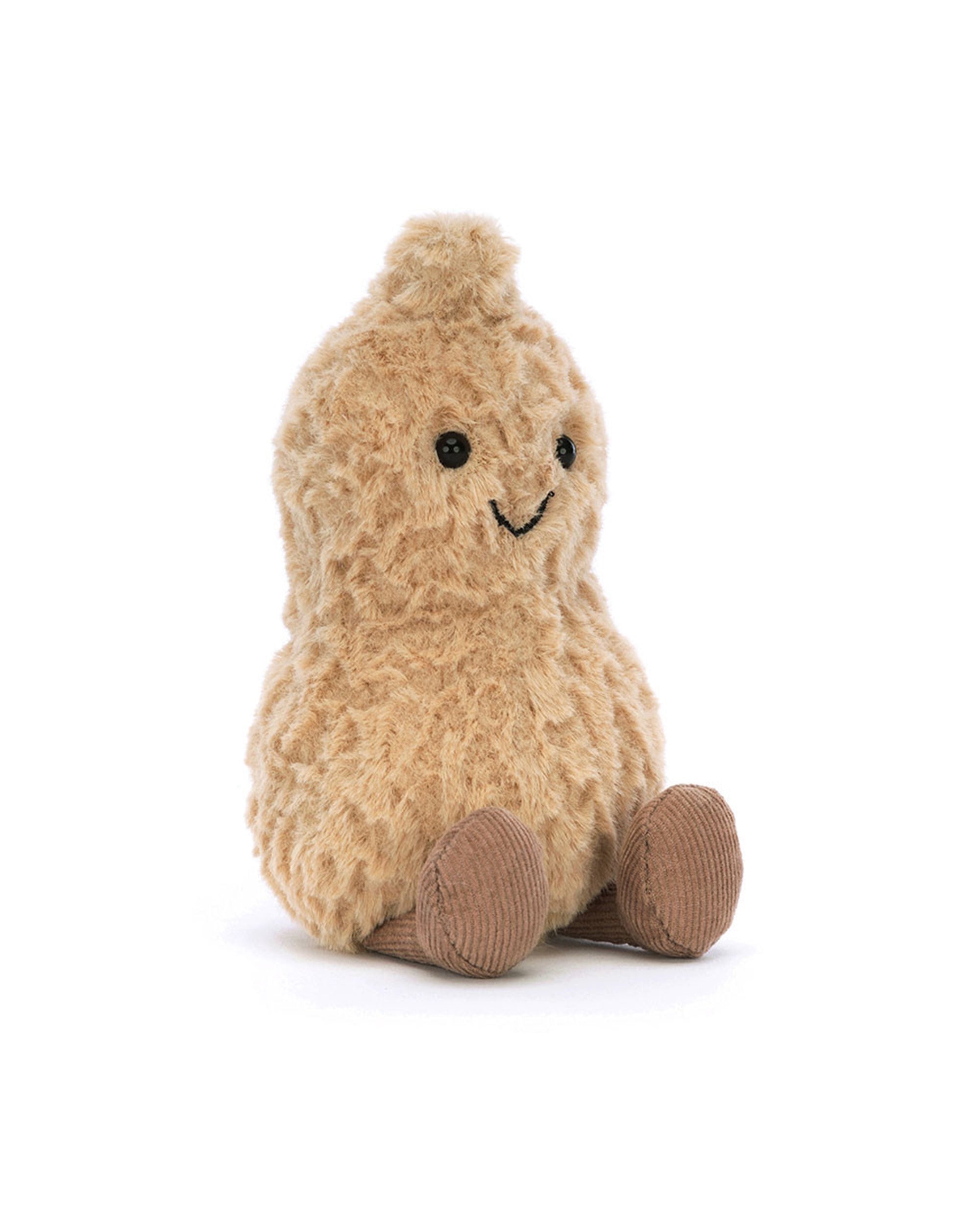 The Amuseable Peanut by Jelly Cat Inc. is a cute, quirky plush toy shaped like a smiling light brown peanut with black eyes, a stitched smile, and brown corduroy feet—classic style from the Amuseables collection.