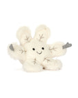 The Jelly Cat Inc. Amuseable Snowflake is a plush toy shaped like a smiling white snowflake, featuring embroidered silver branches and gray mittens, perfect for duet or solo performances against a plain white background.
