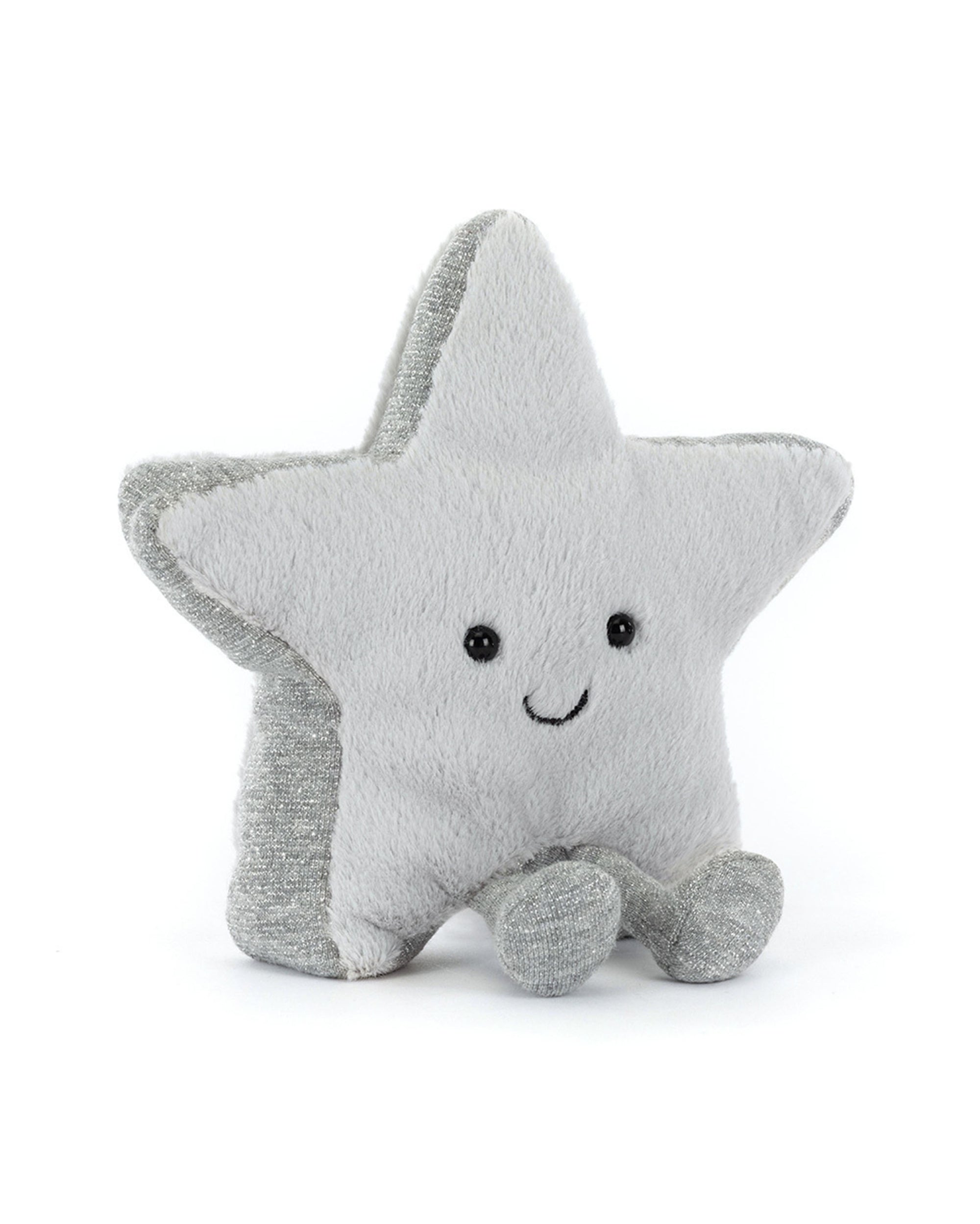 The Amuseables Silver Star by Jelly Cat Inc. is a soft, textured plush toy shaped like a smiling silver star with black eyes and small gray feet—perfect for dreamers aiming high without climbing gear.