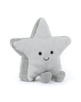 The Amuseables Silver Star by Jelly Cat Inc. is a soft, textured plush toy shaped like a smiling silver star with black eyes and small gray feet—perfect for dreamers aiming high without climbing gear.