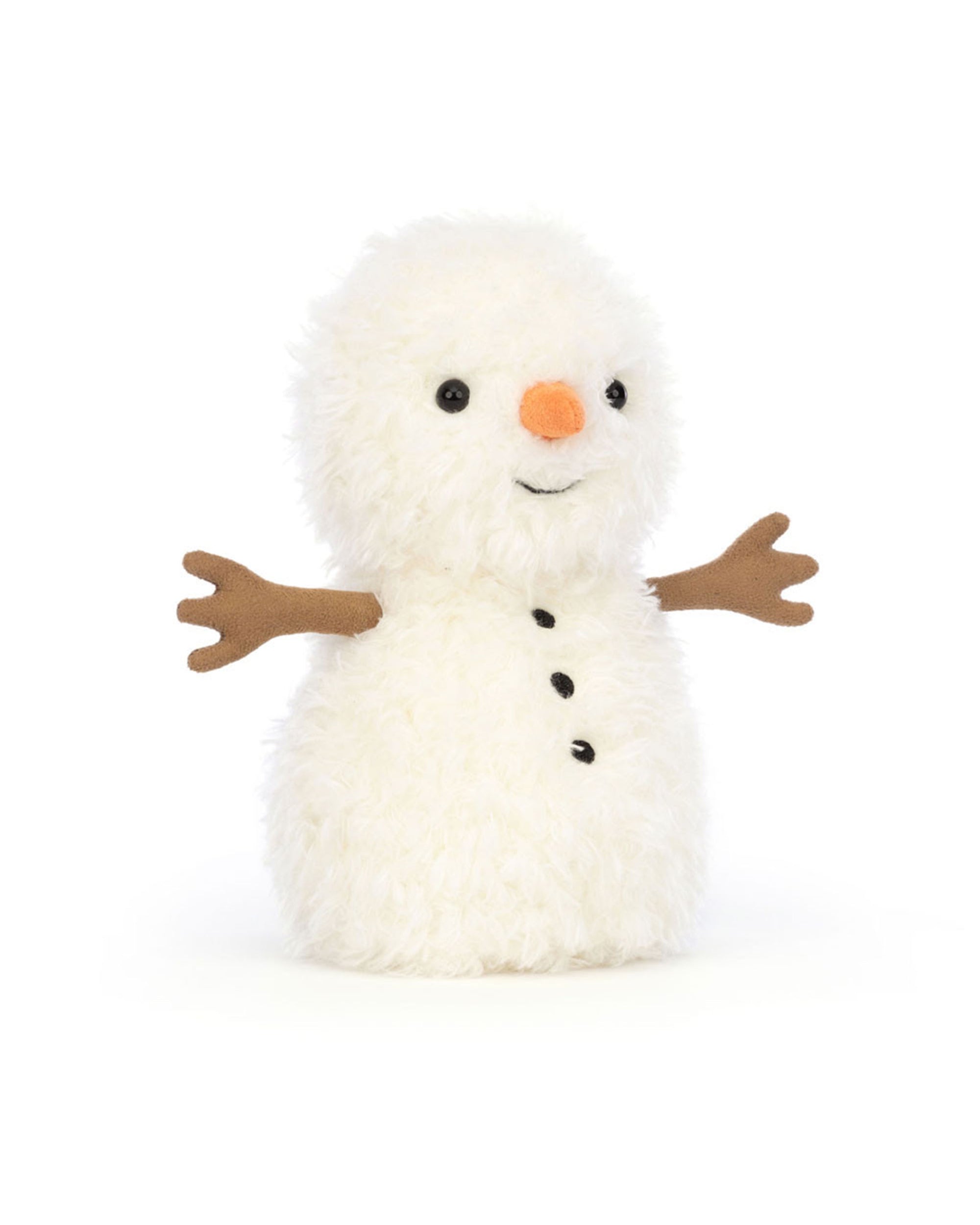 The Jelly Cat Inc. Little Snowman is a festive plush with a fluffy white body, brown felt arms, an orange carrot-shaped nose, black eyes, a stitched smile, and three black buttons—perfect for your Christmas cooler.