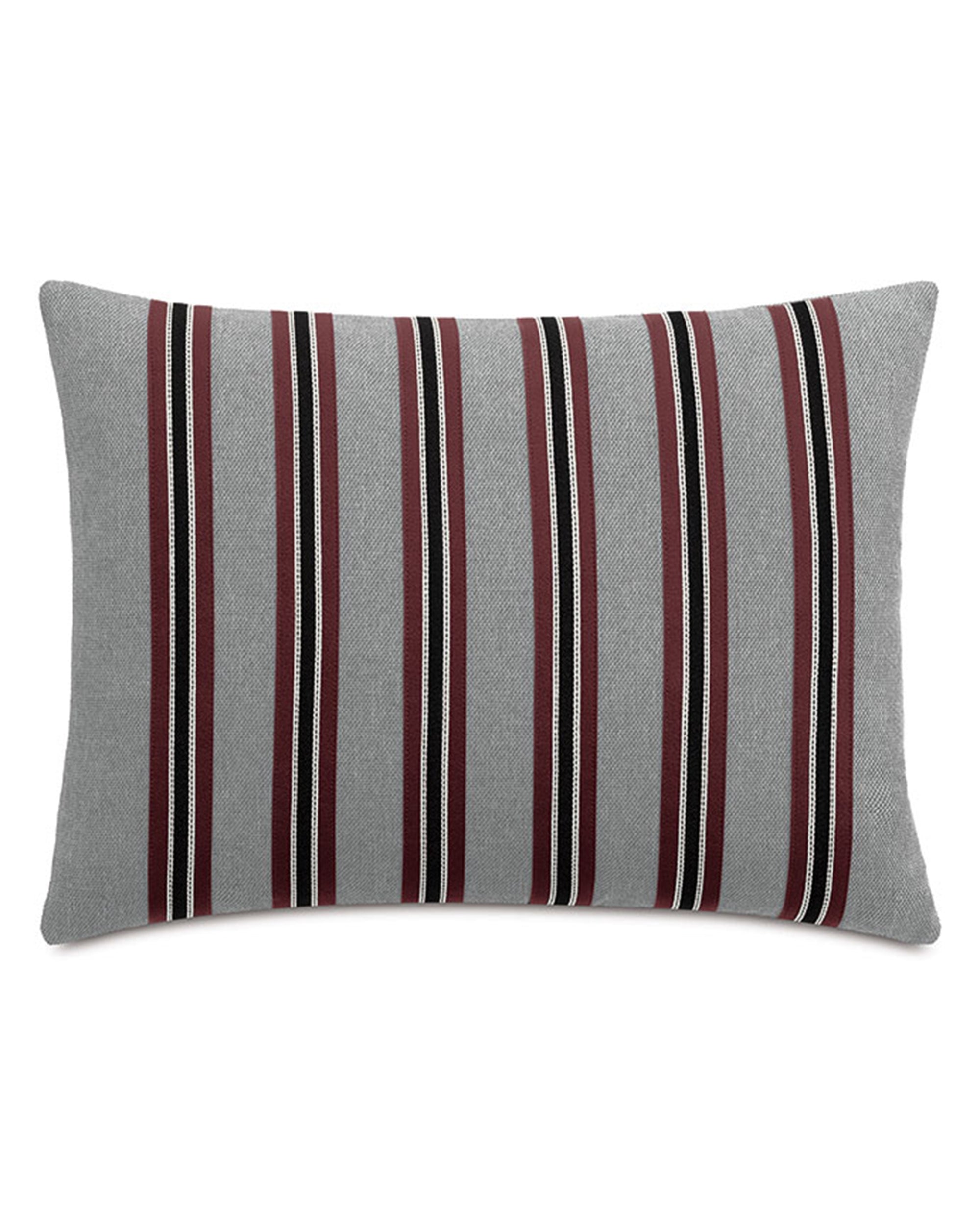 The Andes Striped throw pillow by Eastern Accents features a modern rectangular design with a gray background and vertical black, white, and dark red stripes—its textured fabric adds stylish simplicity to any room.