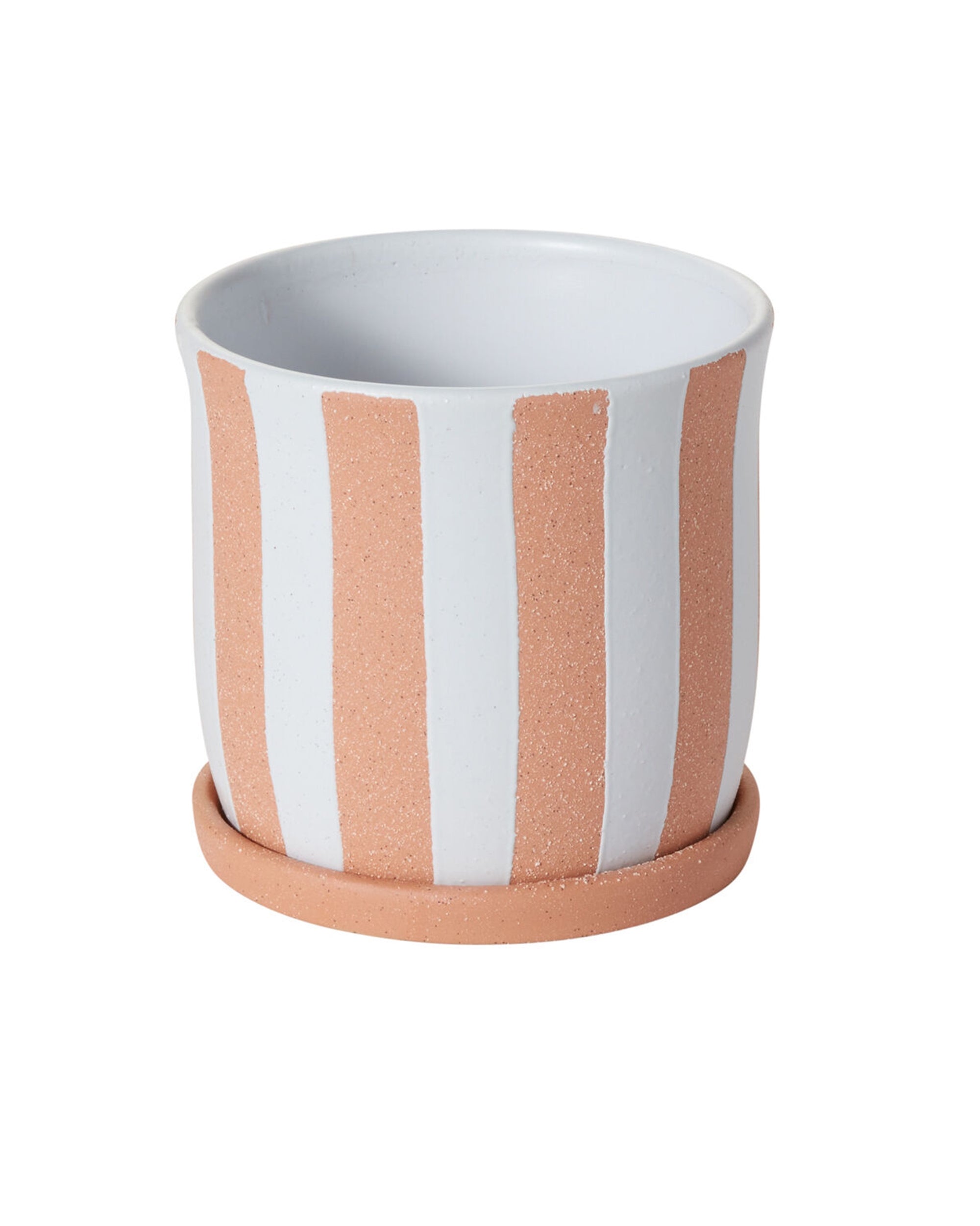 The Accent Decor 50551 Andreas Pot with Saucer L is a small, round ceramic planter with vertical white and terracotta stripes, a drainage hole, and a coordinating terracotta saucer.