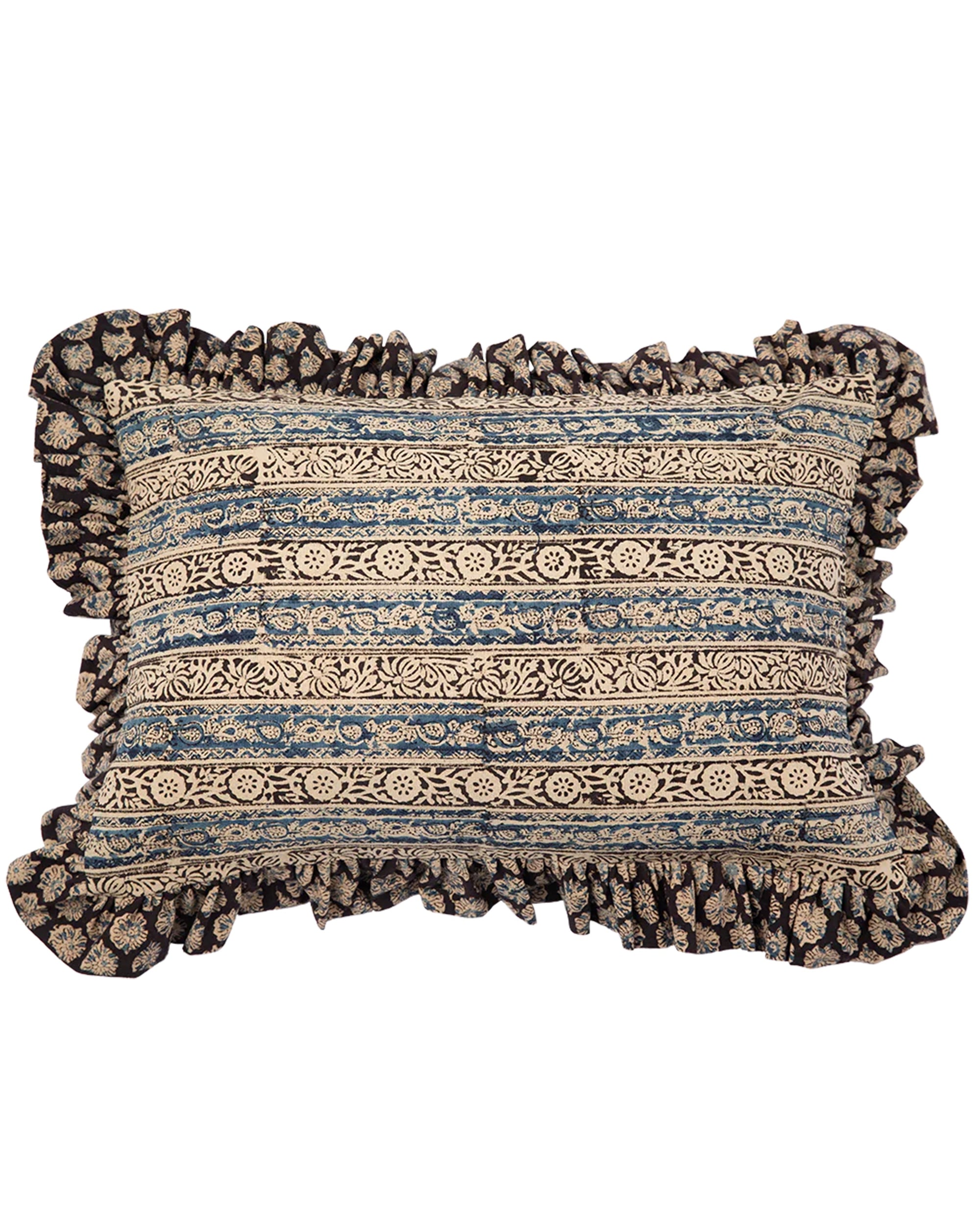 The Anika Sorrento Pillow 18x40 from Filling Spaces LLC features a rectangular hand-loomed cotton design with ruffled edges and intricate blue and beige floral-geometric stripes on a black background.