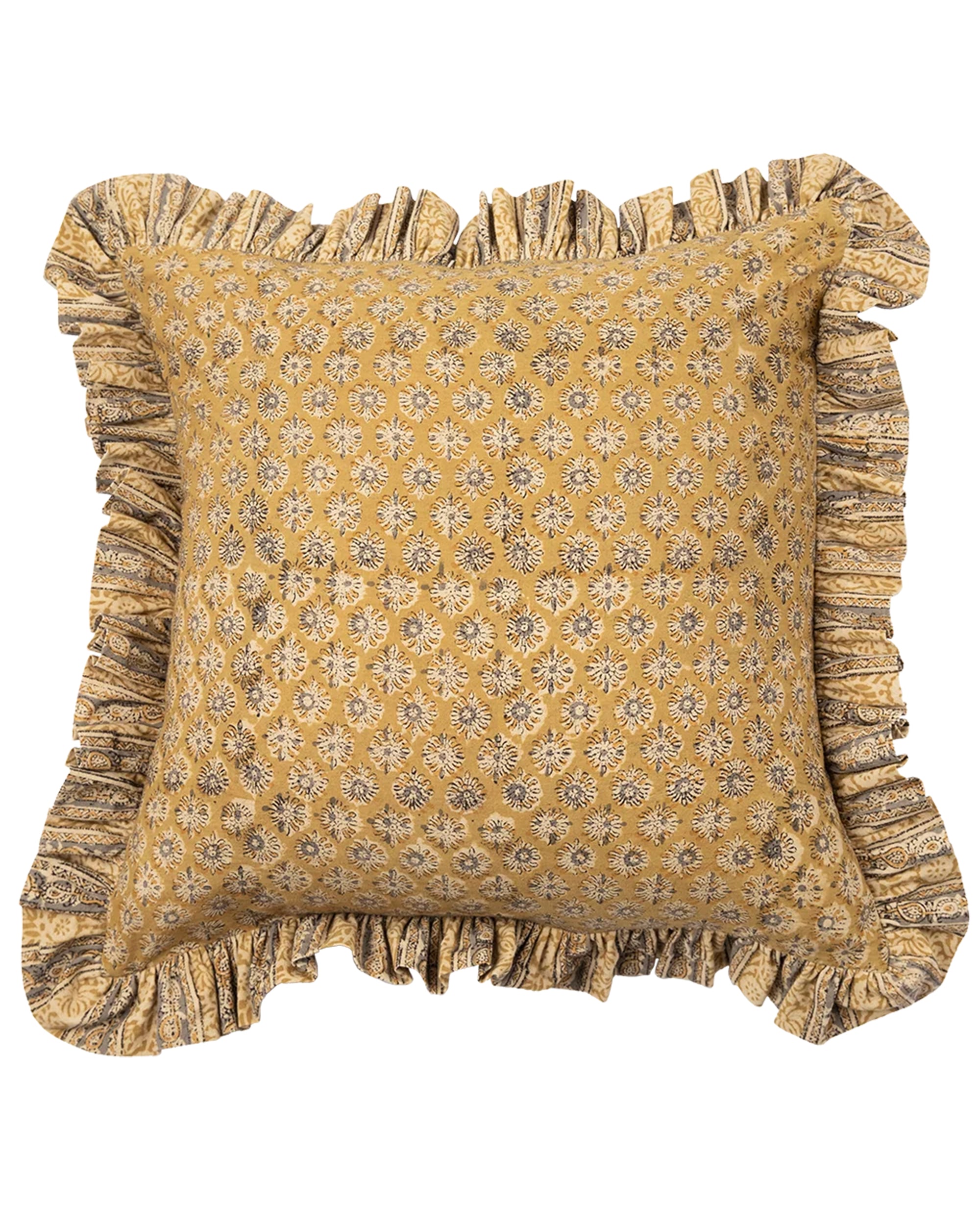 Yellow floral hand block-printed pillow with ruffled edges, by Filling Spaces, Anika Positano 24x24.