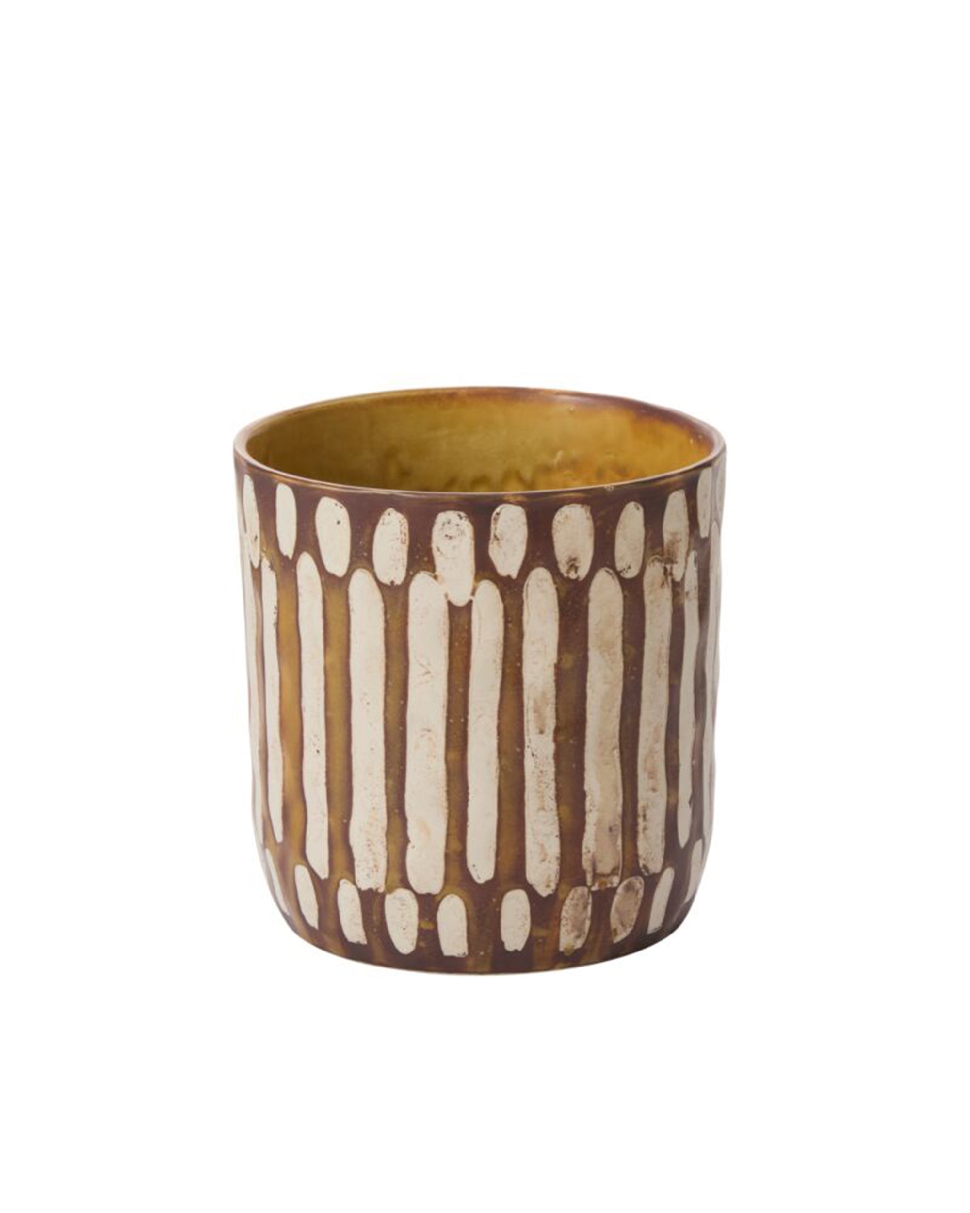 The Accent Decor 95925 Anselm Pot is a ceramic cylinder with a brown exterior, white vertical lines, and a yellowish-brown interior—an artisanal planter to showcase your favorite greenery.
