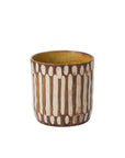 The Accent Decor 95925 Anselm Pot is a ceramic cylinder with a brown exterior, white vertical lines, and a yellowish-brown interior—an artisanal planter to showcase your favorite greenery.