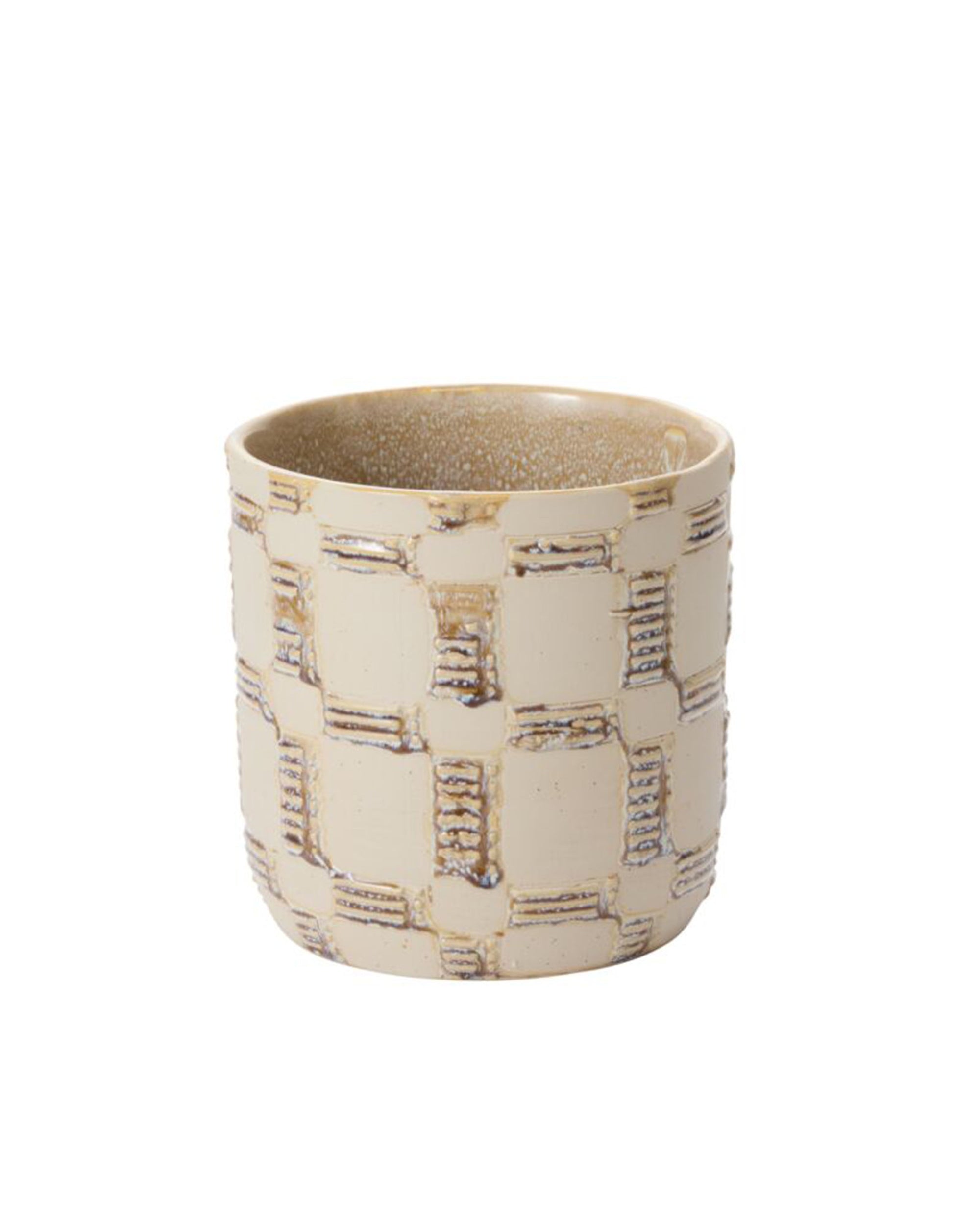 The Anselm Pot by Accent Decor is a beige ceramic planter featuring a textured, raised square pattern and a smooth, speckled brown interior—an artisanal, modern piece that brings refined style to any space.