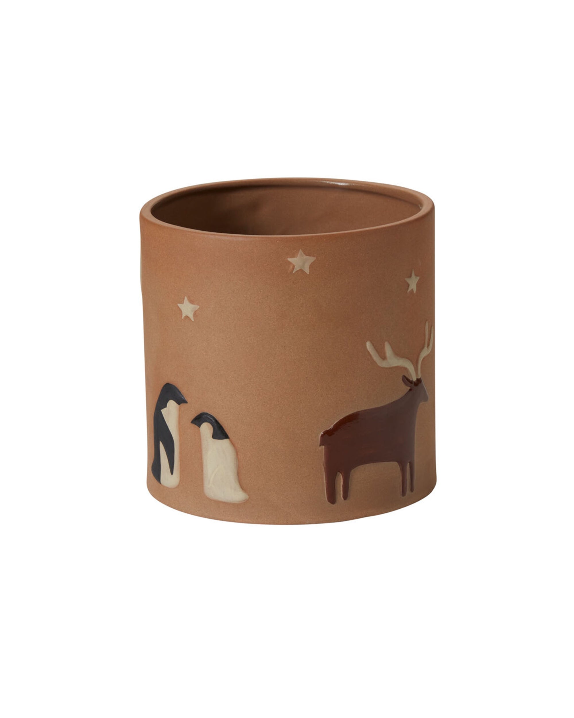 Accent Decor Antarctica Pot: brown cylindrical ceramic vase featuring raised penguin, reindeer, and star designs—perfect for showcasing your favorite plants with a charming arctic critter theme.