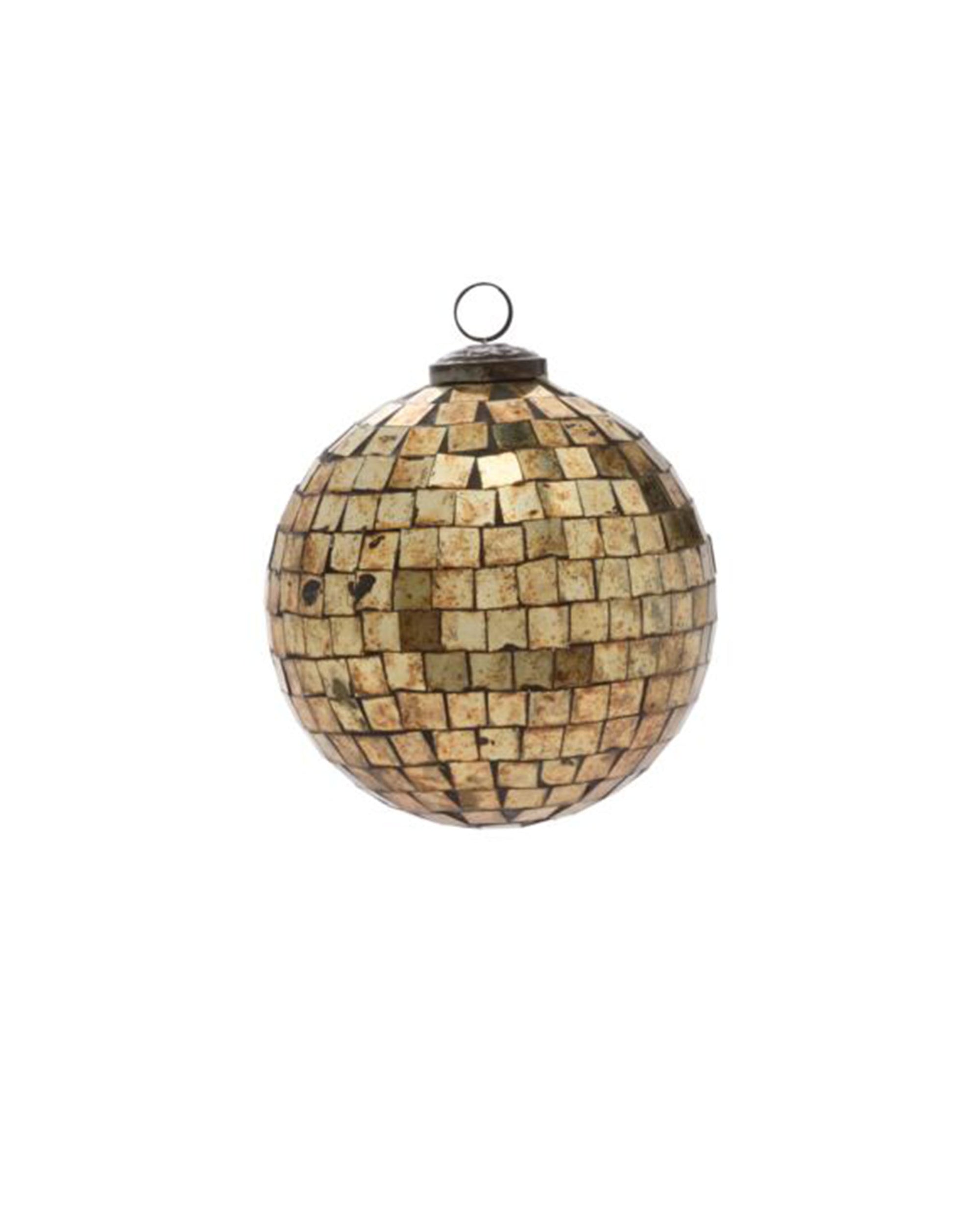 The Accent Decor 18816.50 Antiqued Disco Bal Orn 5" is a gold mosaic ornament with square mirrored tiles and mercury finish, topped with a metal loop—ideal as a Christmas tree ornament, shown isolated on white.