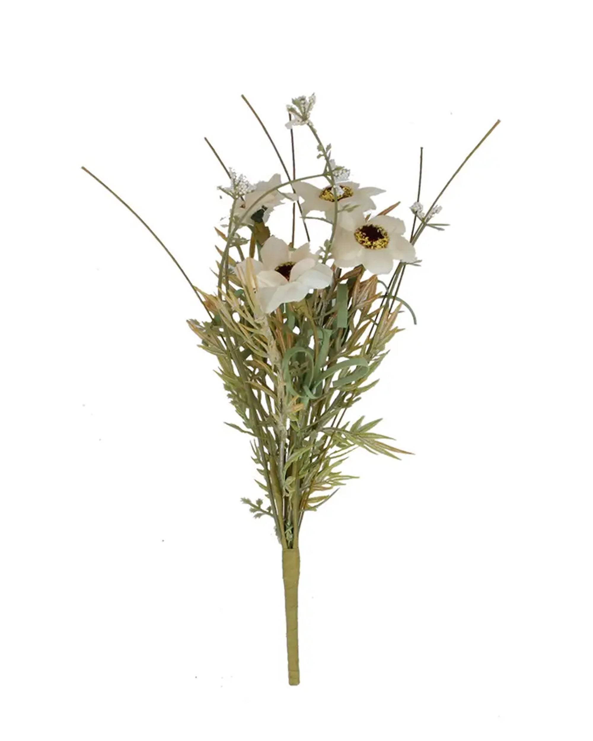 The Antique Cream Wild Flower Mini Pick by Faire features artificial white flowers with yellow centers and green foliage on long stems, arranged against a white background.