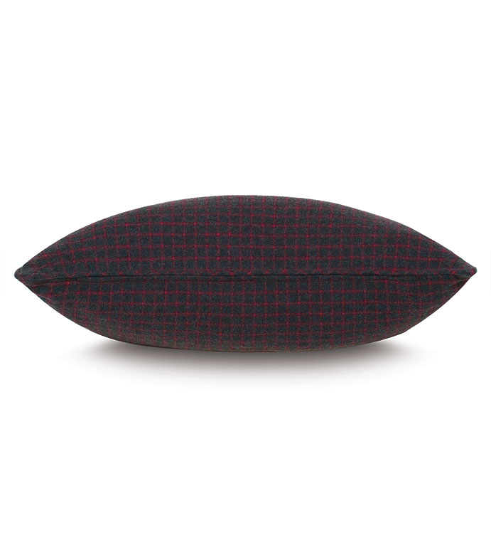 The BISHOP FLANNEL rectangular pillow by Eastern Accents features a dark gray cotton flannel background with a red check pattern, shown from the side against a white backdrop.
