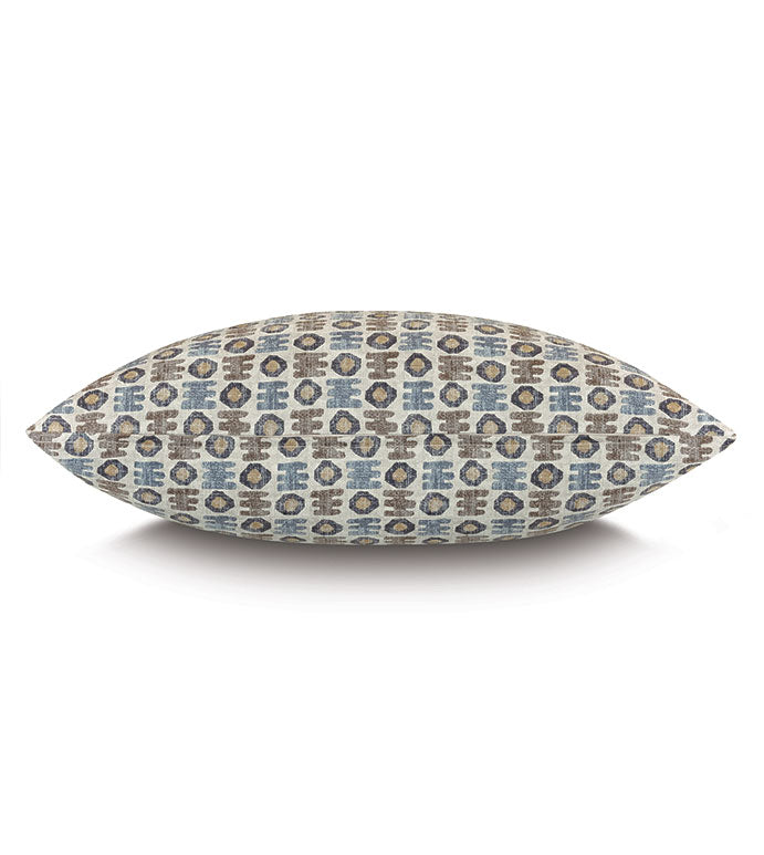 The Kane Geometric Pillow by Eastern Accents features a rectangular shape with a blue, beige, and brown pattern, displayed side-on against a white background.