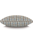 The Kane Geometric Pillow by Eastern Accents features a rectangular shape with a blue, beige, and brown pattern, displayed side-on against a white background.