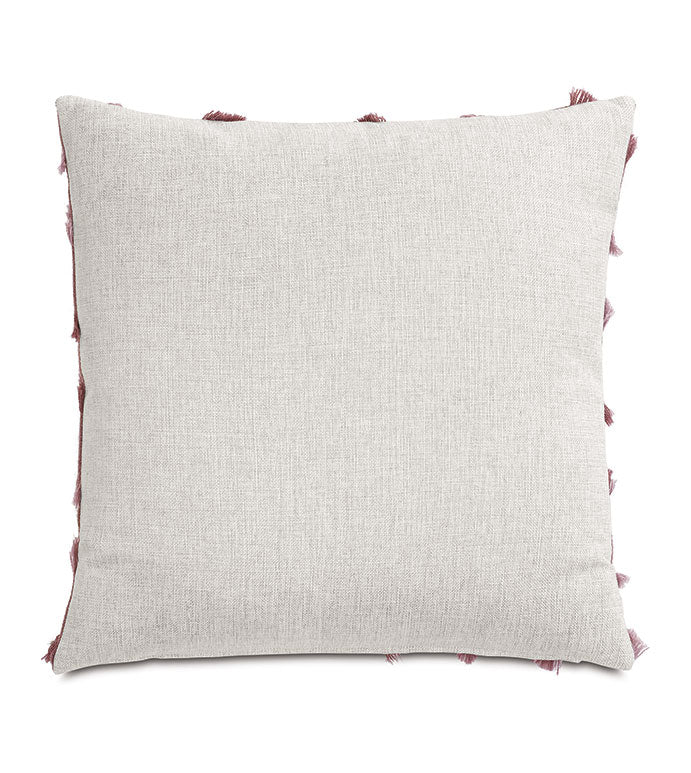 The REINHART FRINGE pillow by Eastern Accents is a square, light gray 24x24 design featuring textured fabric and petite dusty pink fringe along the edges, shown against a white background.