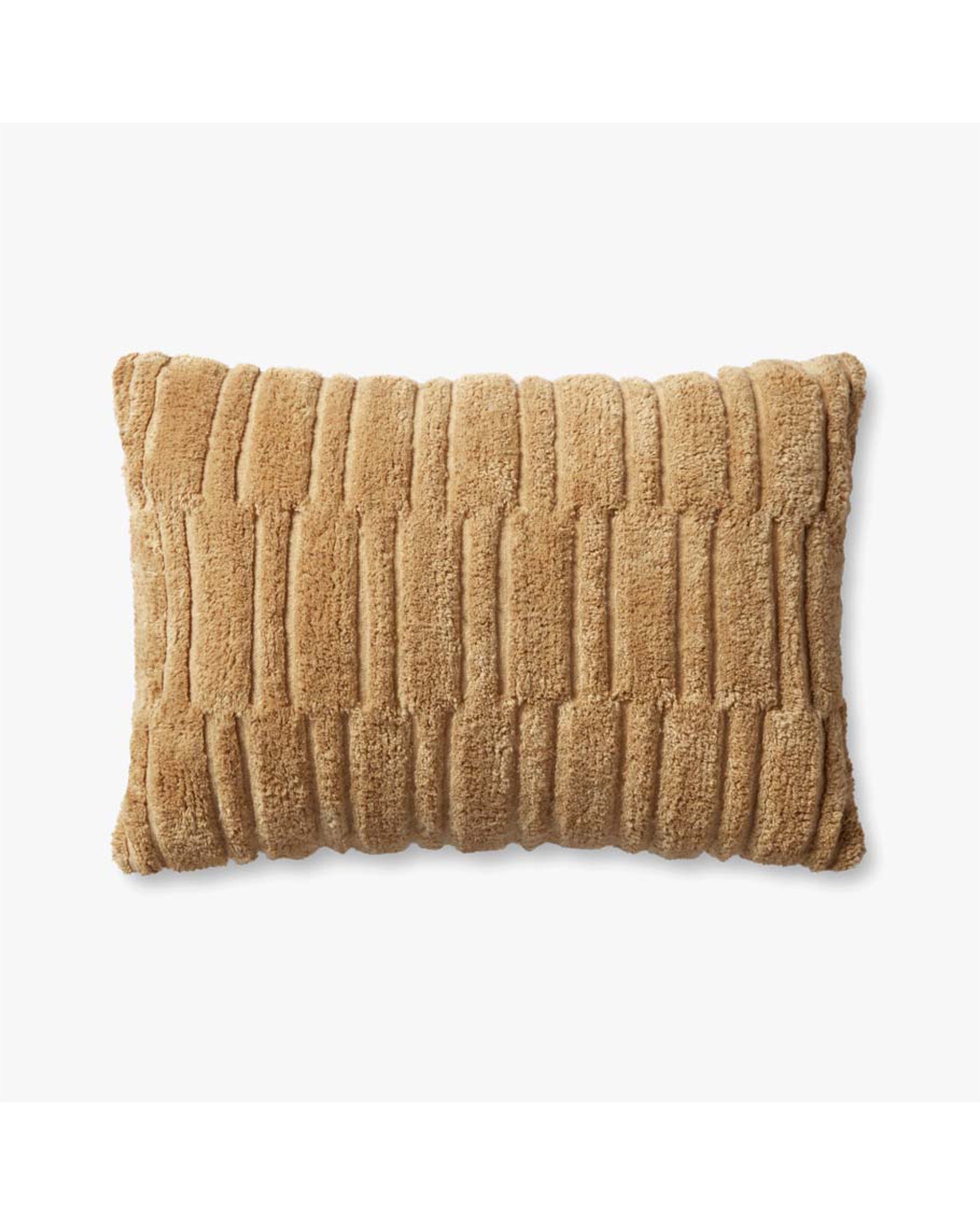 The Loloi Rugs Arabella Wheat Pillow 16x26" is a rectangular tan throw pillow with a textured ribbed pattern and hidden flap zipper, shown against a plain white background.