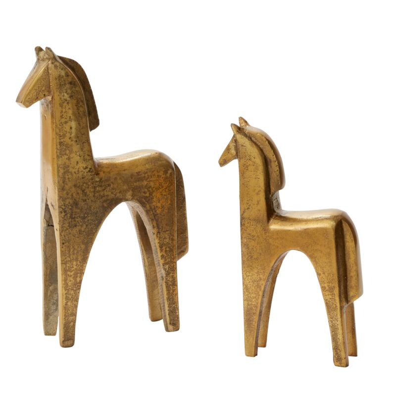 Accent Decor’s Arabian Figurine Small features two brass sculptures with elongated legs and necks, smooth surfaces, and an antique gold finish—an elegant modern accent for your space.