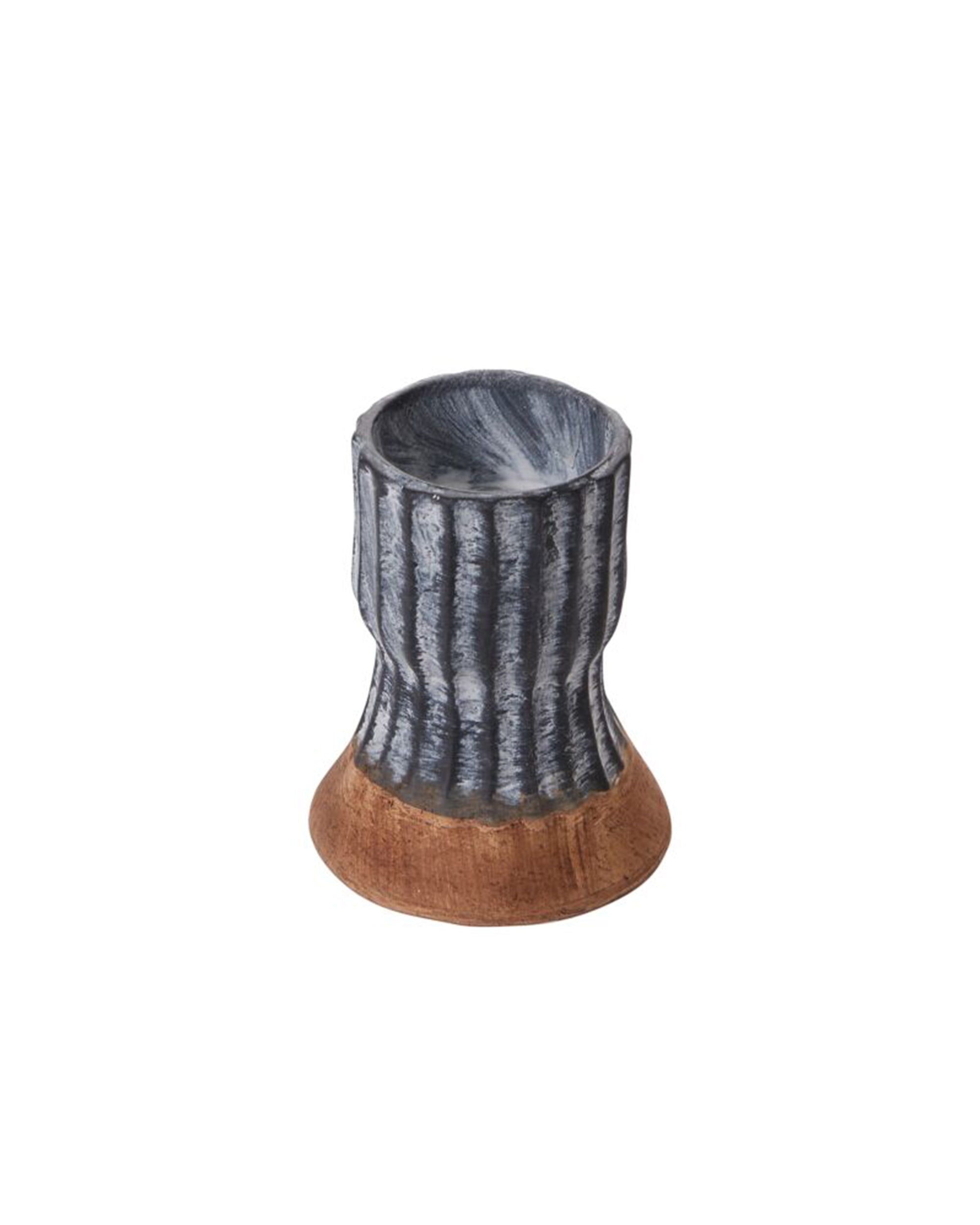The Accent Decor 51895 Argon Candleholder is a small ceramic piece with a flared base, brown at the bottom and ribbed blue on the upper section, displayed against a white background.