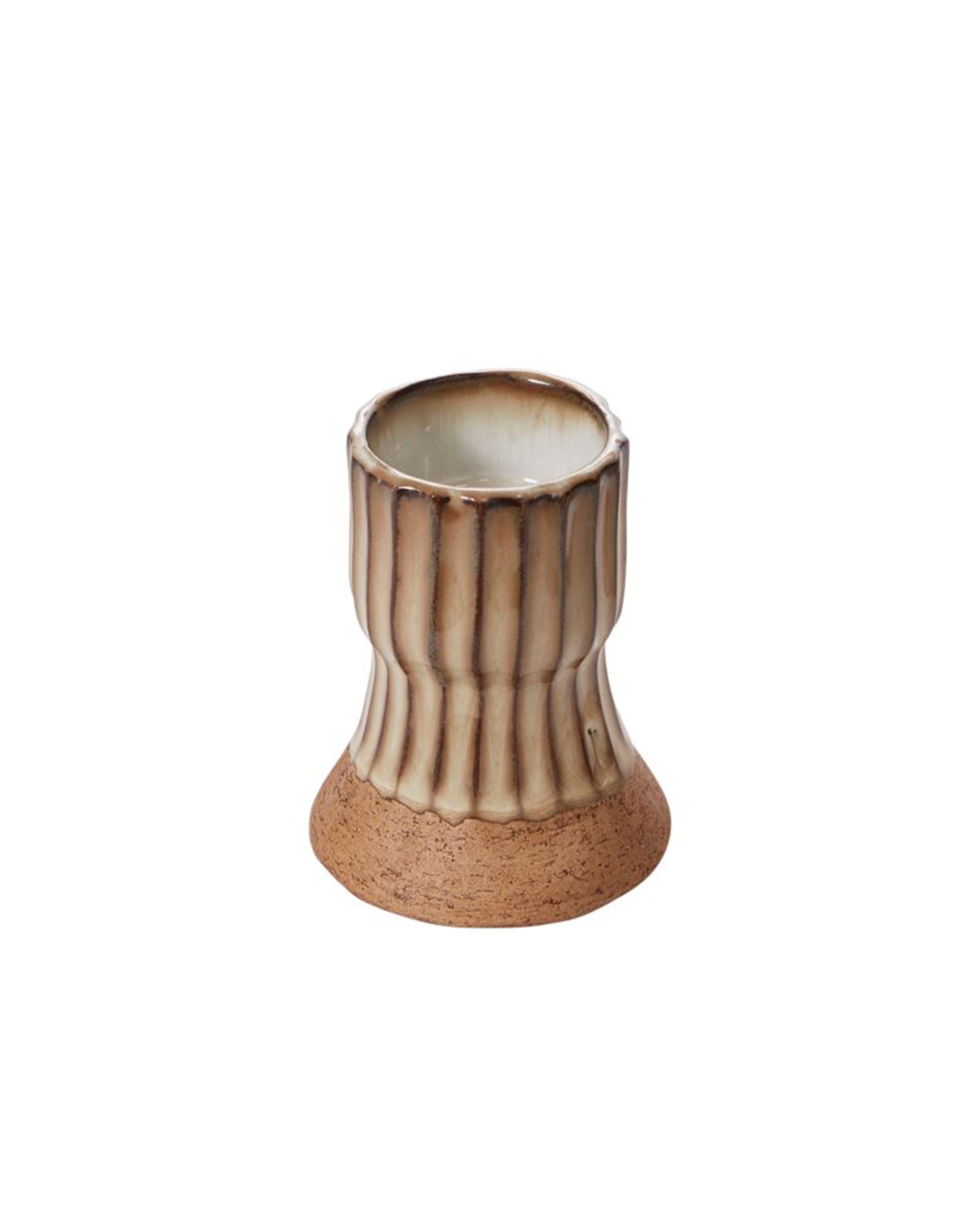 The Argon Candleholder /Brown by Accent Decor features a ribbed ceramic top and flared unglazed base, glazed in beige and brown tones—perfect for holding taper candles stylishly.