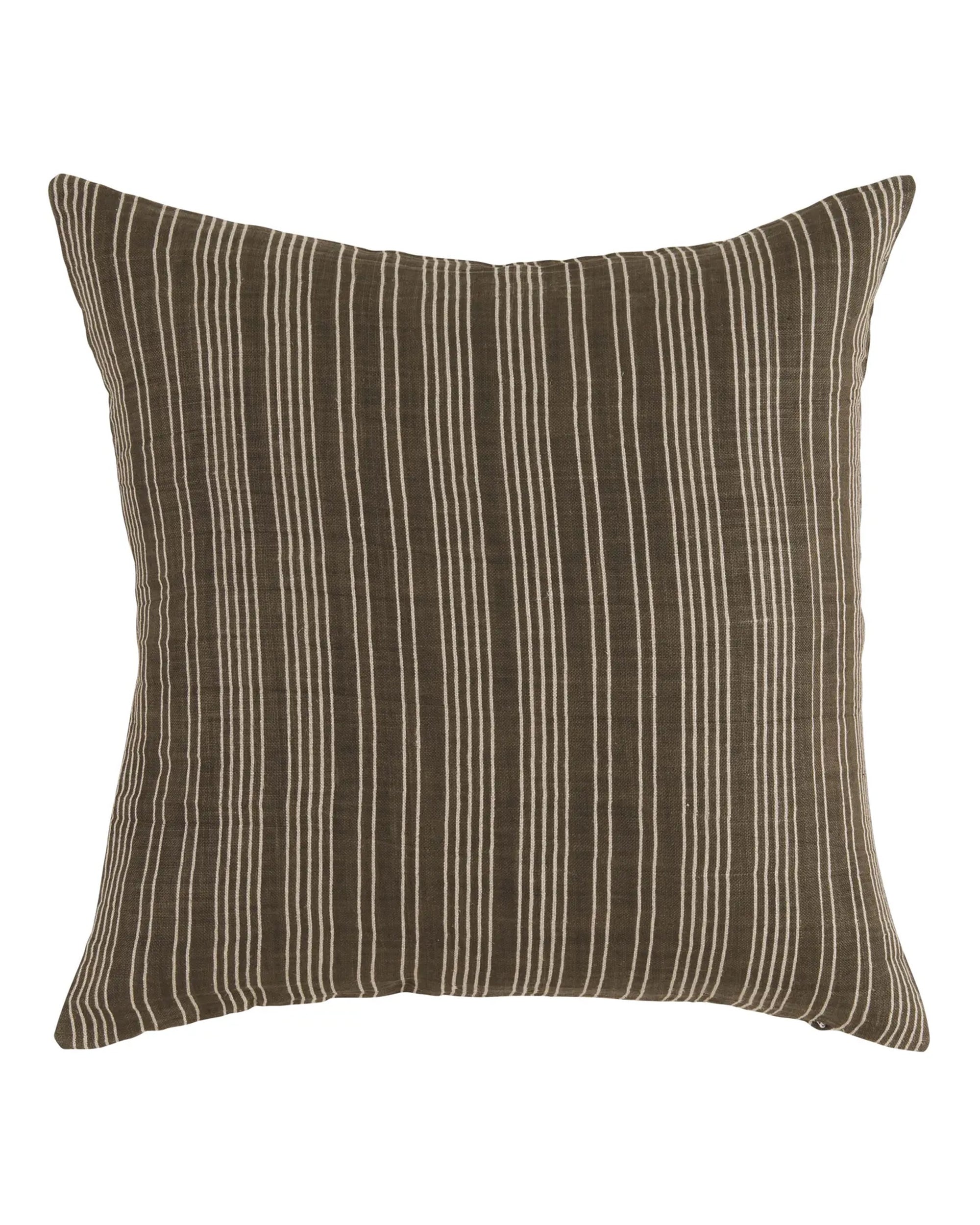 Brown linen pillow with vertical white stripes by Faire, Arlo Olive 22x22, displayed on a white background.