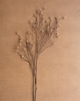 The Budding Branch by Kalalou, Inc features a single slender stem with tiny pink flowers, shown against a plain light brown background. Delicate clusters at the tips showcase its subtle natural beauty.