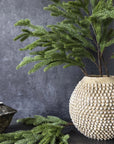 Abigail Ahern’s Foxtail Pine branches are arranged in a textured beige vase on a dark surface, paired with a rustic pot and extra pine stems, all set before a gray stone backdrop.