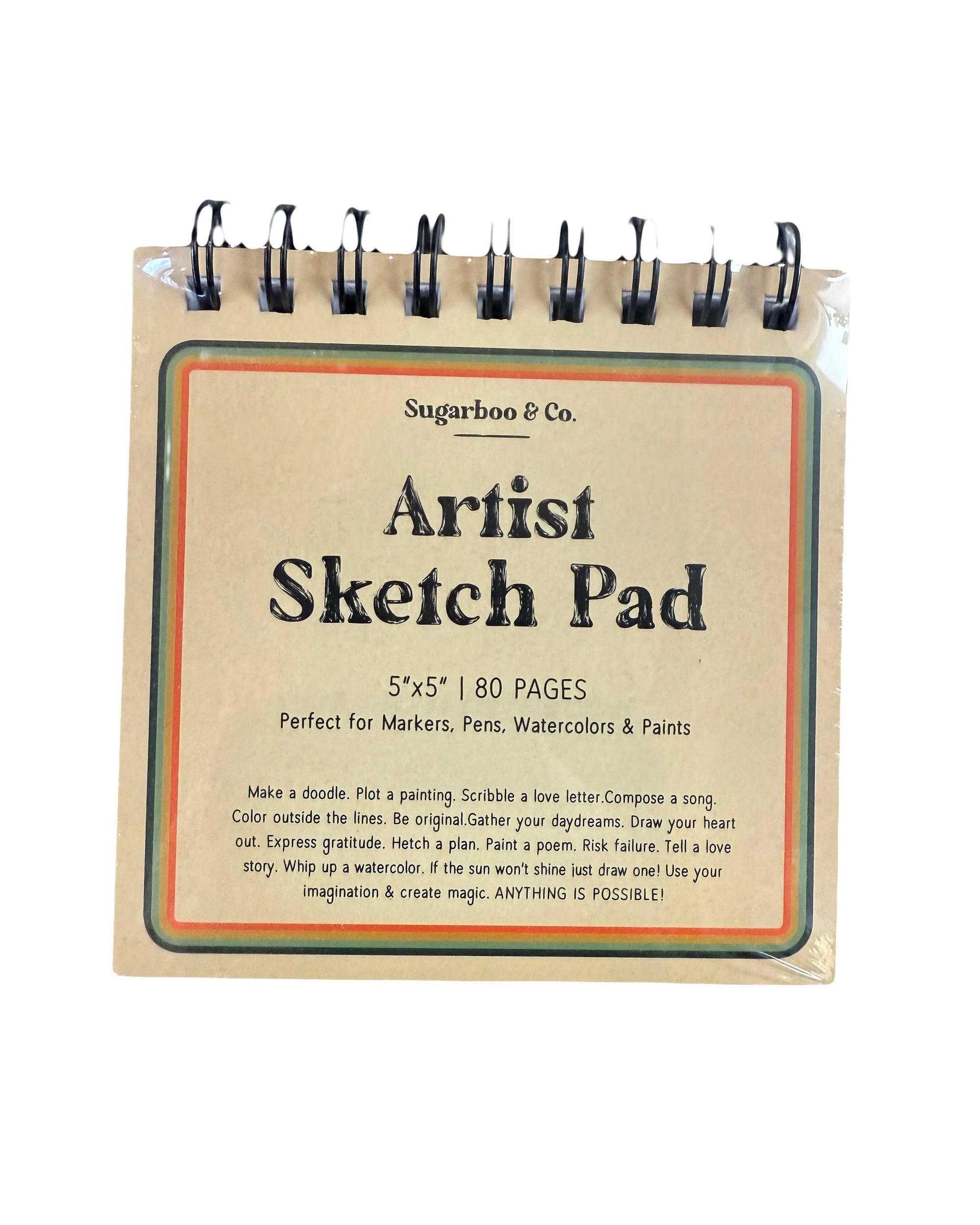 A compact, spiral-bound Sugarboo Designs Artist Sketch Pad with a kraft cover (5x5 inches, 80 pages), ideal for markers, pens, watercolors & paints, is shown in its packaging.
