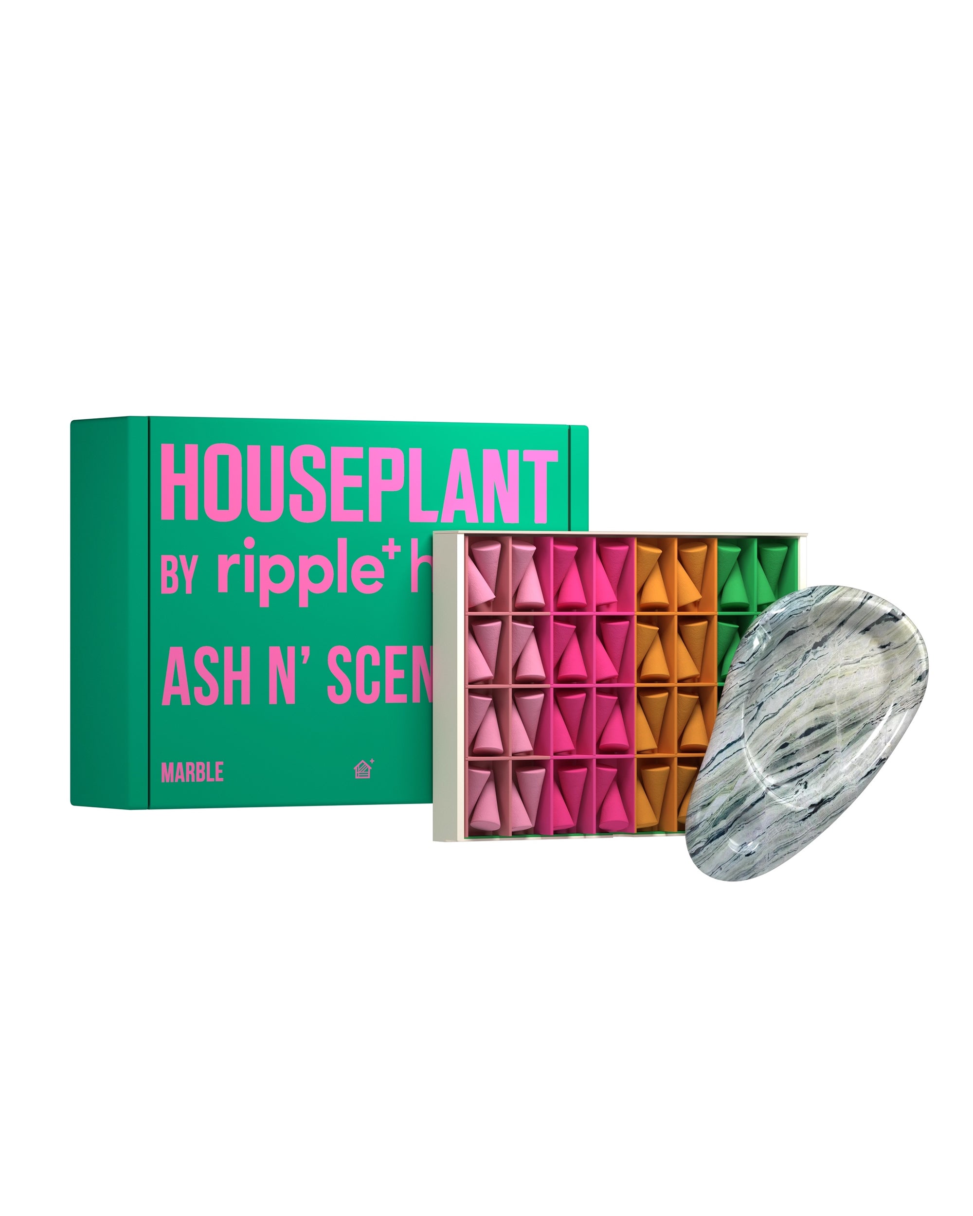 A green box labeled "Houseplant by Ripple / Ash & Scent Set" from Faire contains vibrant cone incense and a stylish gray marble ashtray, an ideal duo for enhancing your home's fragrance experience.