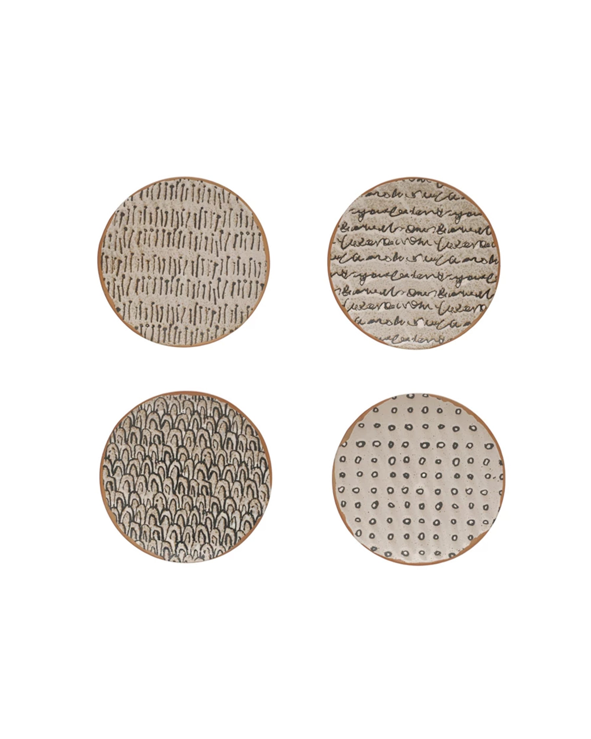 Set of four Creative Co-op Stoneware Plate 8" dishes, each with a unique black and white abstract design—parallel lines, cursive script, semicircles, and dots—and brown rims. Reactive glaze finish adds depth. Arranged in a two-by-two grid.