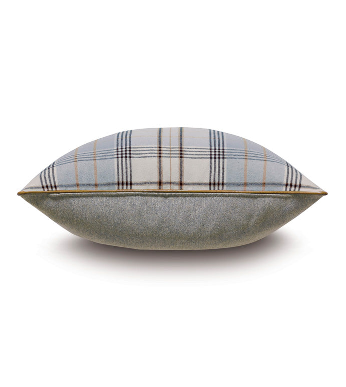 The Magnus Steel w/welt pillow by Eastern Accents is a rectangular plaid flannel cushion made from 100% cotton, featuring gray, black, and beige on top with solid gray below and a zipper closure. Shown side view against a white background.