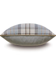 The Magnus Steel w/welt pillow by Eastern Accents is a rectangular plaid flannel cushion made from 100% cotton, featuring gray, black, and beige on top with solid gray below and a zipper closure. Shown side view against a white background.