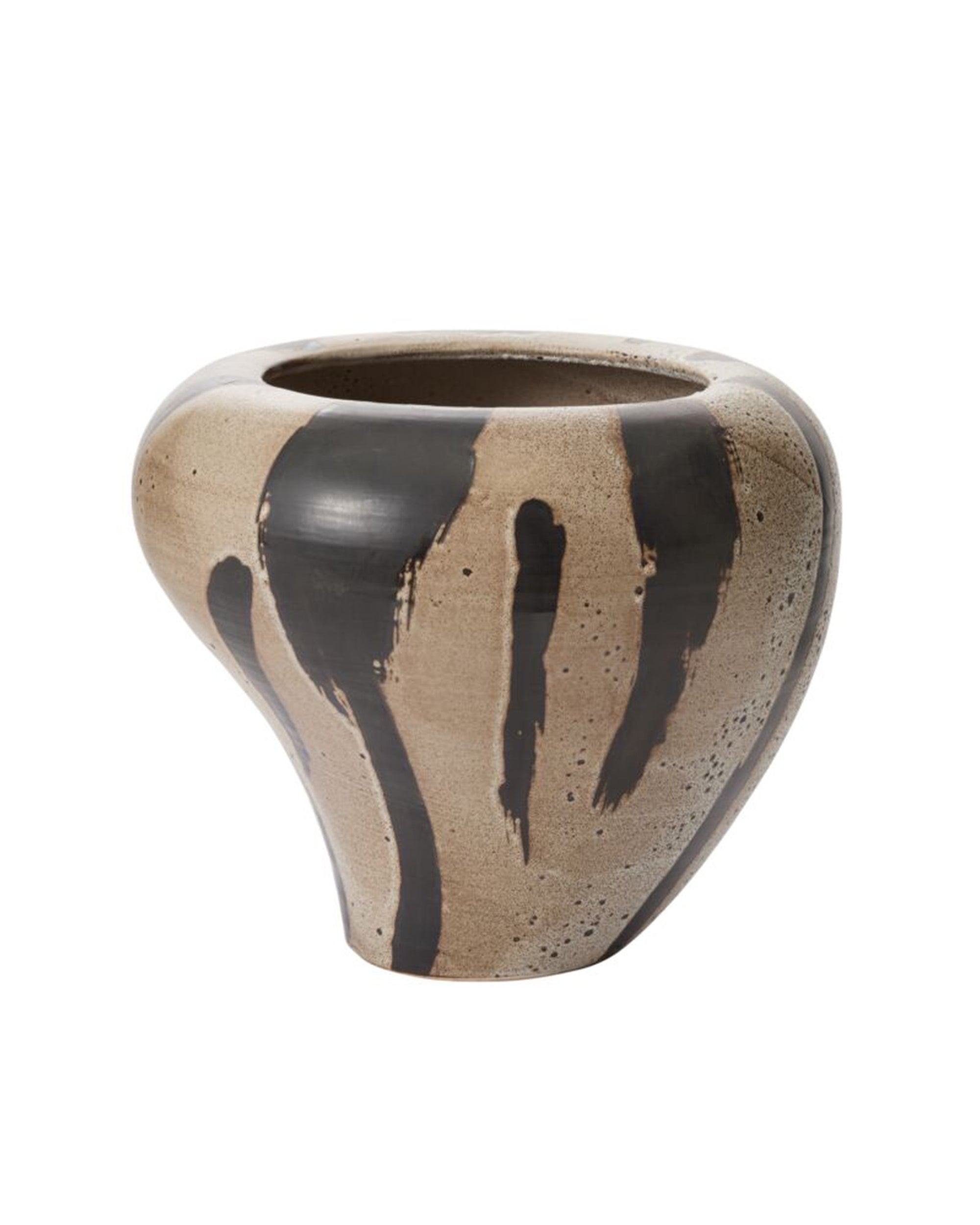 The Accent Decor Atwood Vase is a round, asymmetrical ceramic piece with a wide opening, featuring a light brown base and bold, hand-painted vertical black brushstroke stripes.