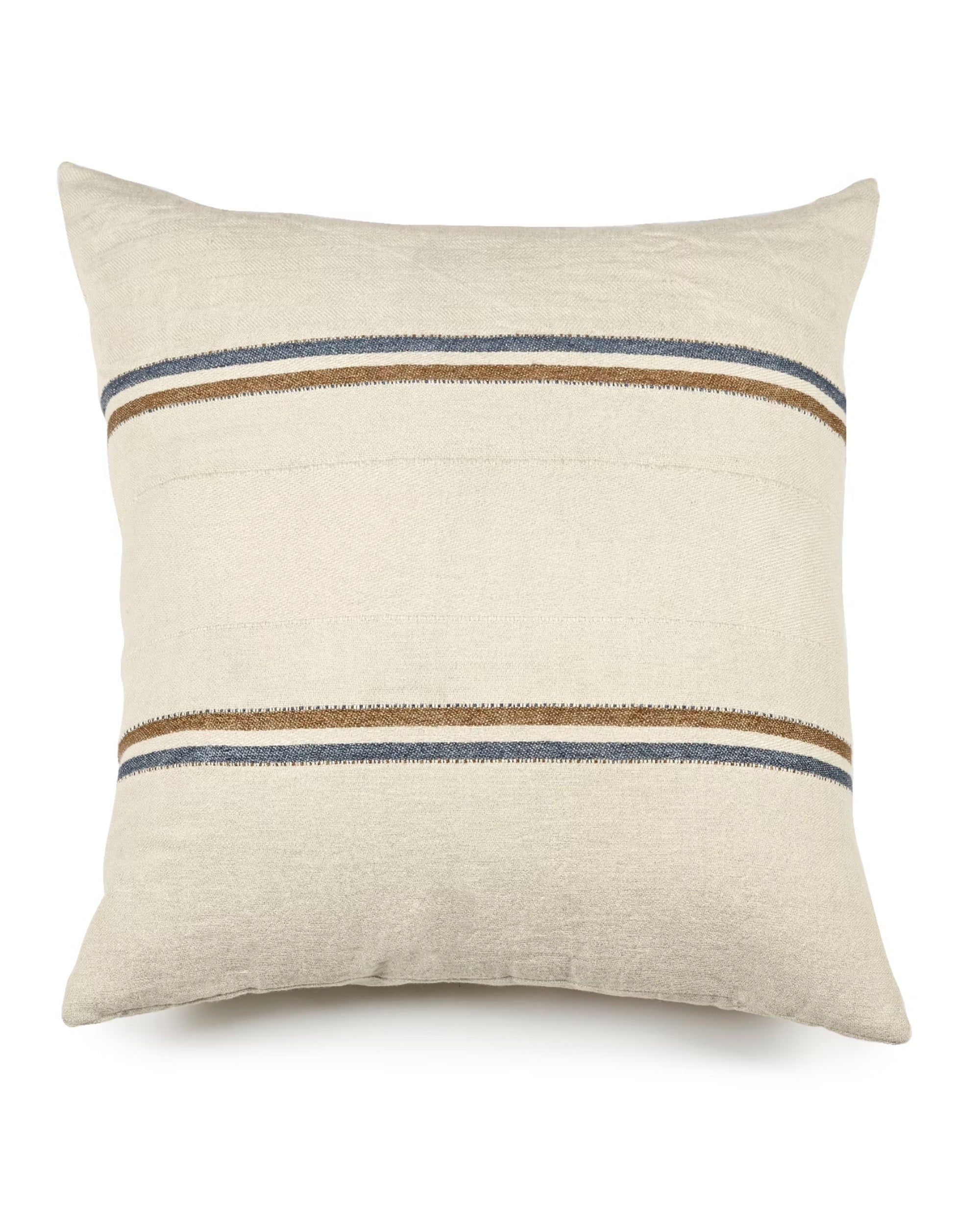 The Auburn Pillow by Libeco Home is a square beige cushion with an ecru base and two horizontal stripes in brown and dark gray, shown on a white background.
