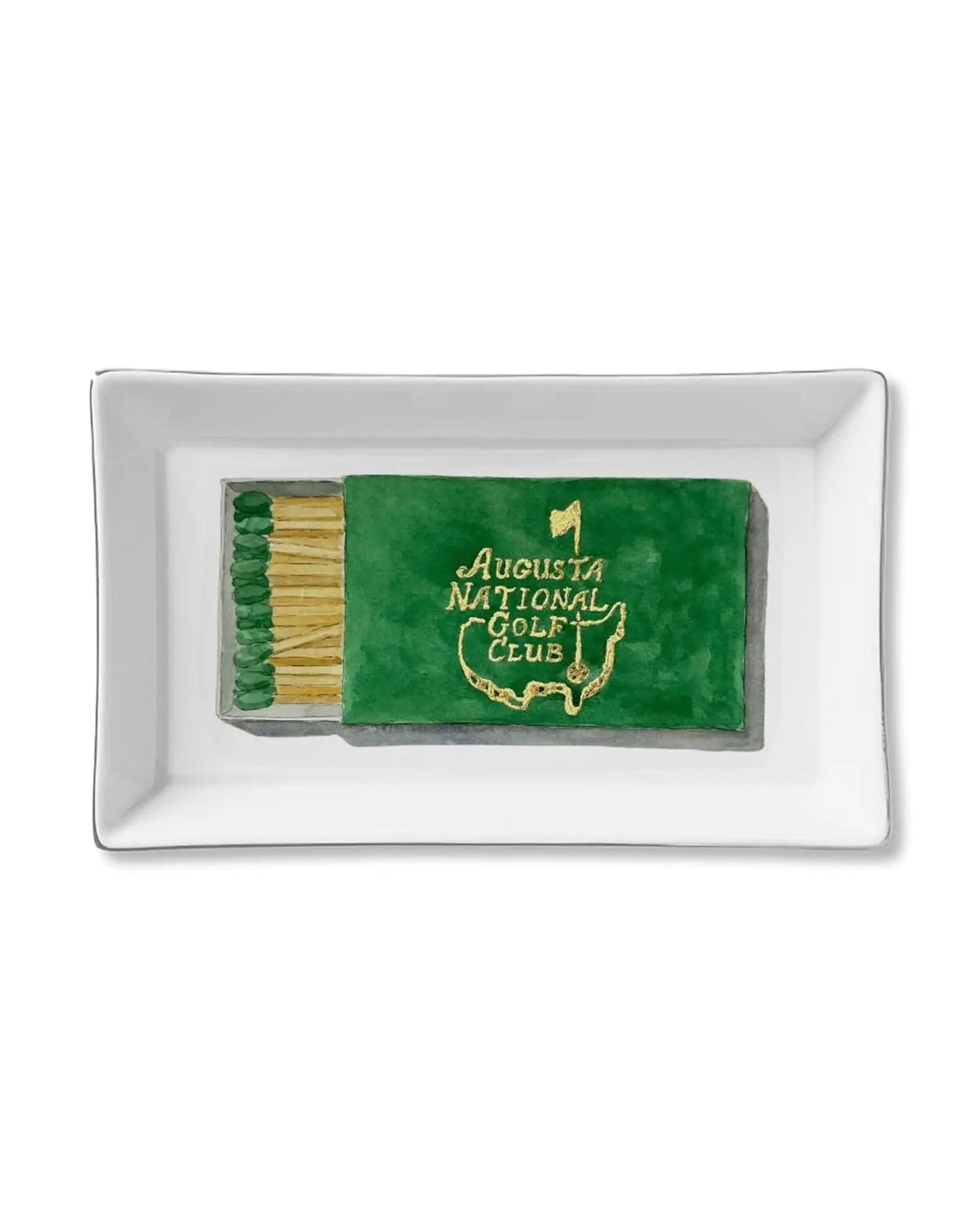 The Faire Ceramic Tray features a painted green matchbook labeled "Augusta National Golf Club" in gold with a map and flag design, making it a stylish way to organize essentials or give as a unique gift.