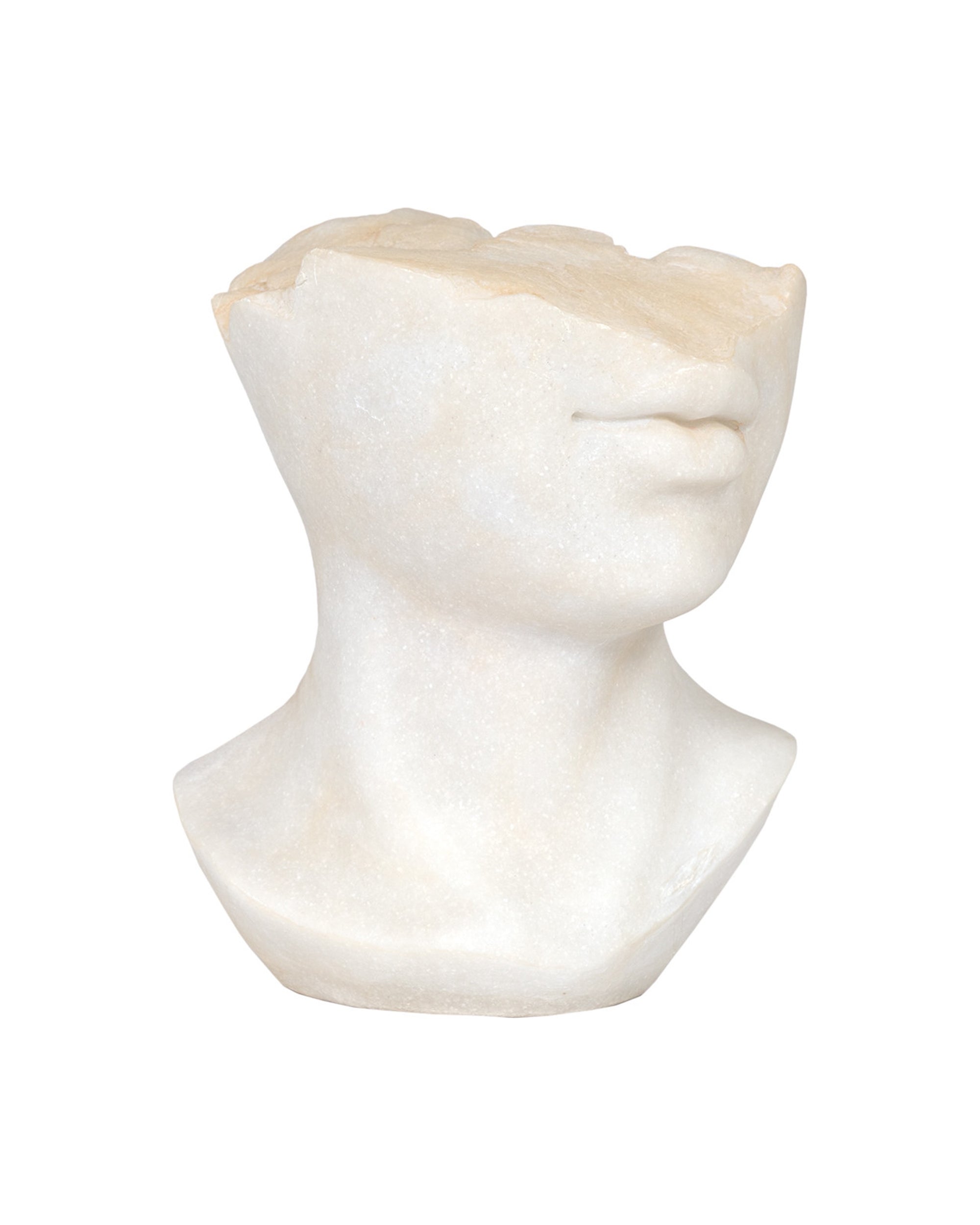 The Import Collection 44-234 Aurelia Sculpture is a white marble art piece depicting only the lower half of a face—mouth, chin, and part of the nose—with the upper face and skull missing.