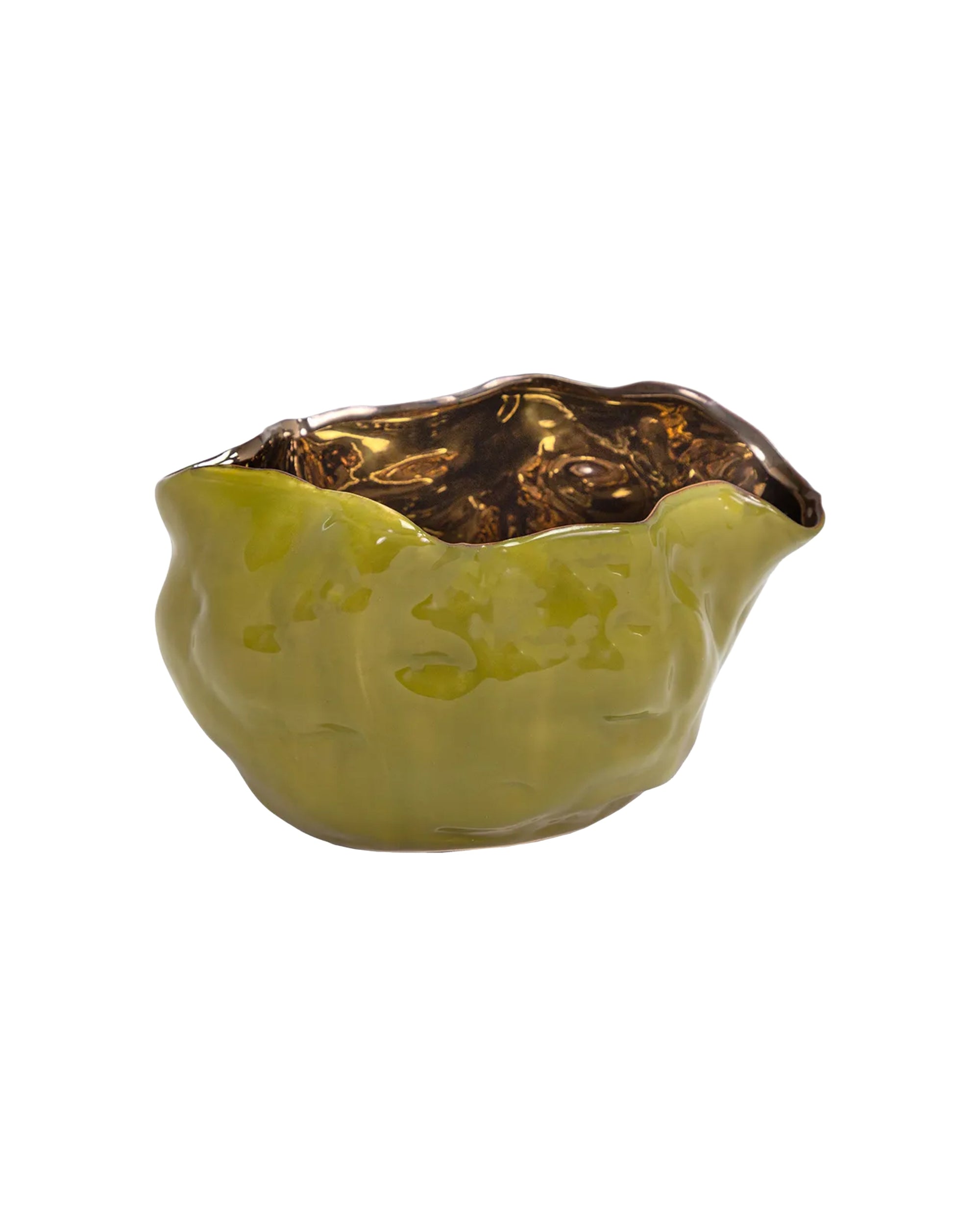 The Import Collection's Ava Bud Bowl features a glossy, irregular ceramic design with an olive-green exterior and metallic bronze interior, perfect for modern spaces. Displayed on a plain white background.