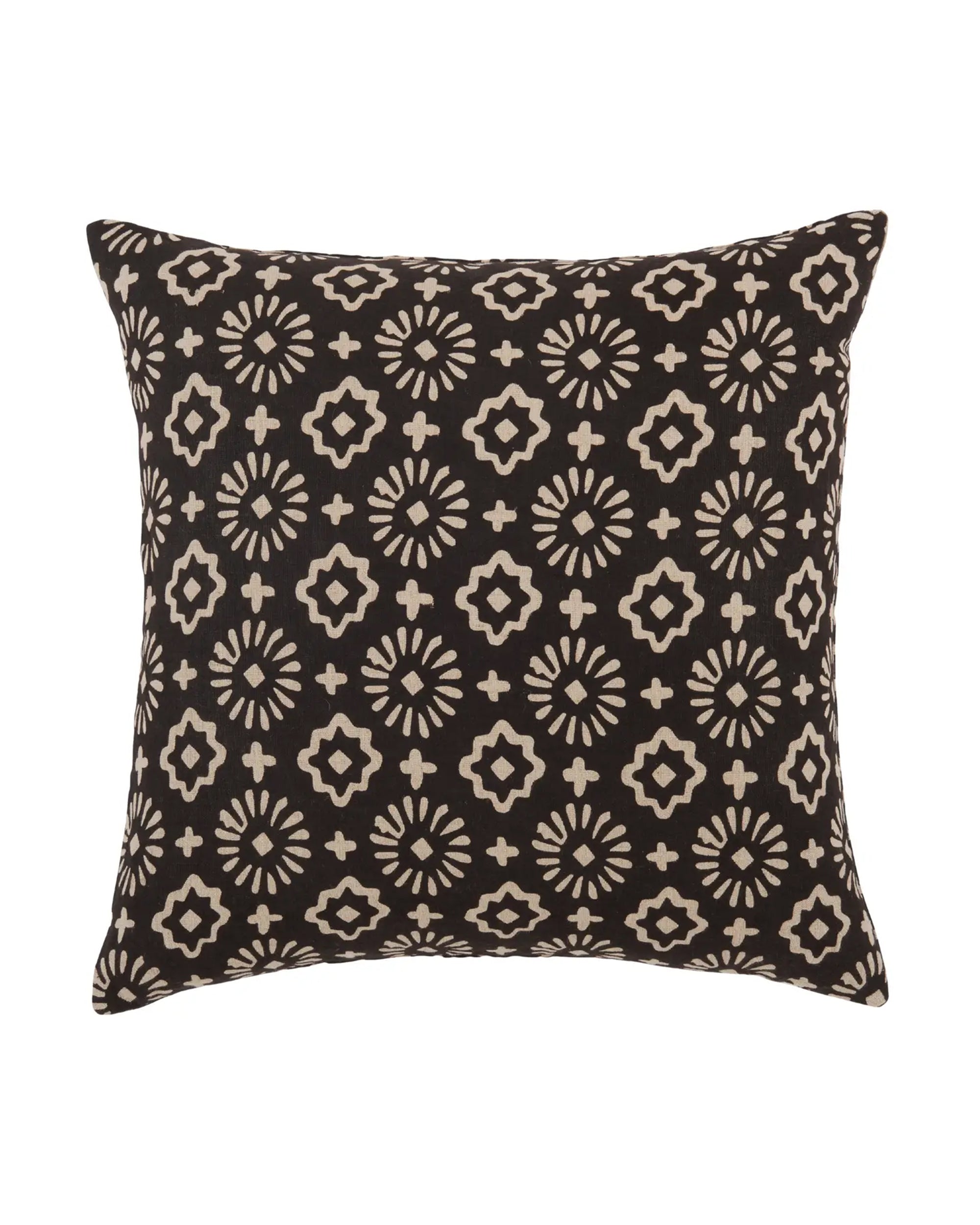 The Aya Pillow by Liam &amp; Lana is a handprinted linen throw pillow with a black background, cream geometric patterns, and traditional motifs arranged in an elegant grid for stylish decor.