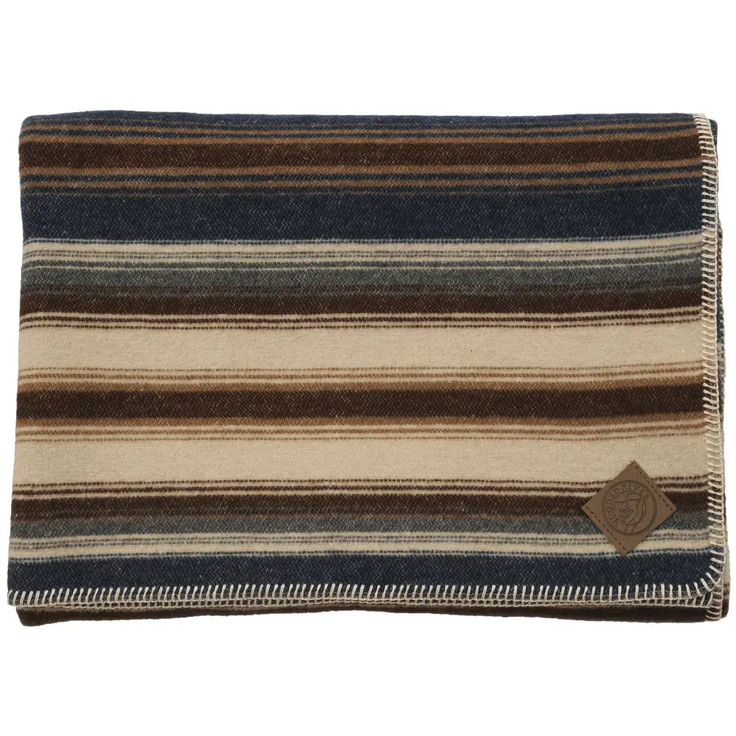 The Cadillac Ranch Throw by Faire features horizontal stripes in brown, beige, cream, and blue, a stitched edge, and a small leather patch. This cozy throw is machine washable for easy care.