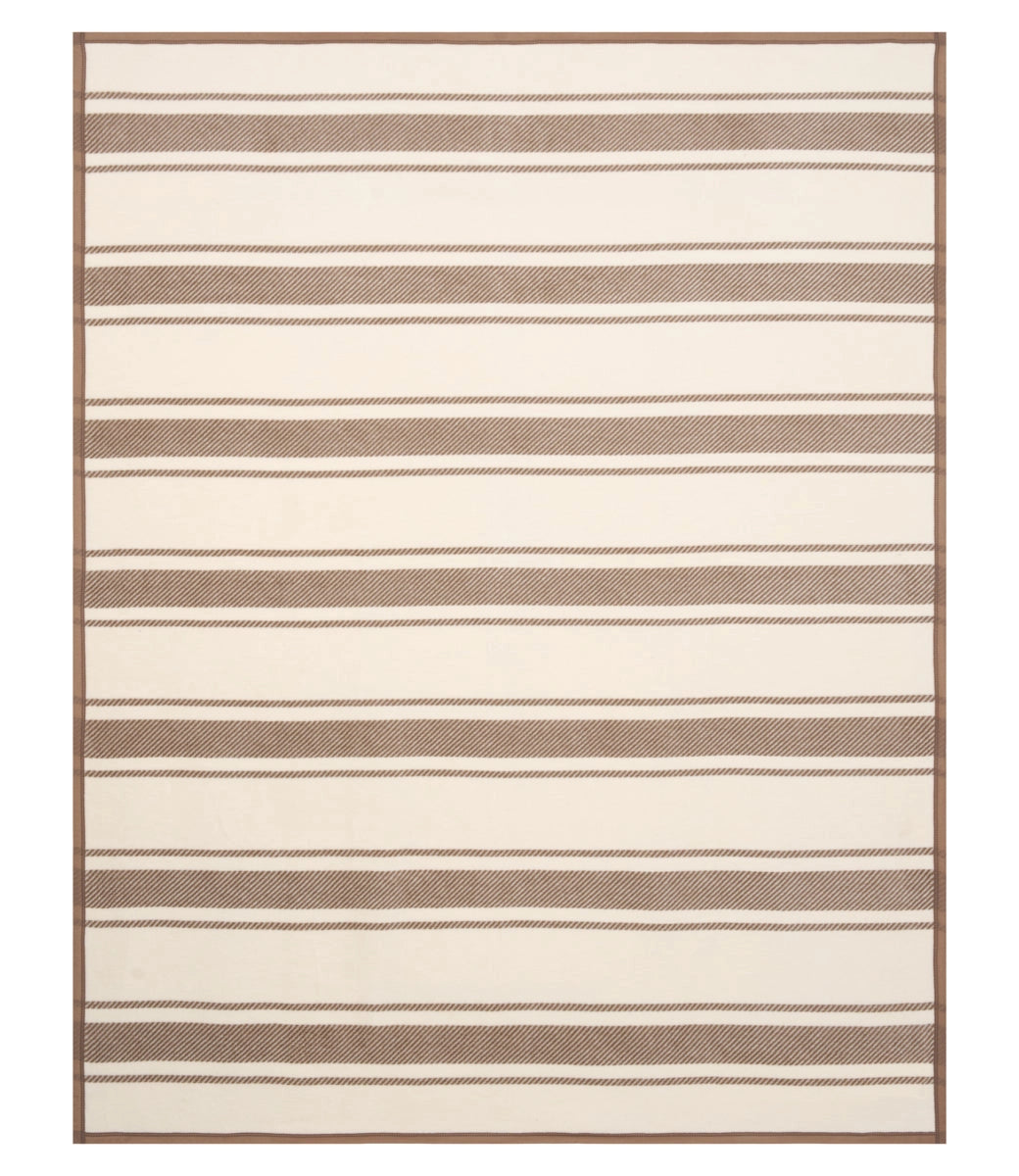 The Faire Dockside Stripe Blanket features a cream background with evenly spaced horizontal brown stripes and a matching border, offering a simple, modern coastal chic look that adds subtle nautical style to any room.