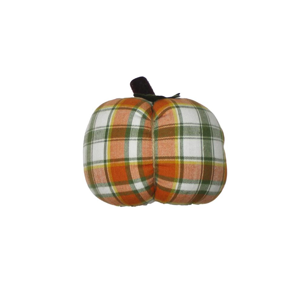 The Faire Pumpkin is a small farmhouse ornament shaped like a pumpkin, covered in orange, green, and white plaid fabric with a short brown stem—perfect as charming fall decor.